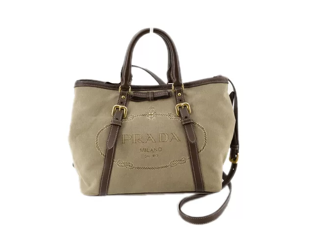 Prada Shoulder Bags Prada 2-Way Jacquard Canvas Leather Tan Shoulder Bag Brown