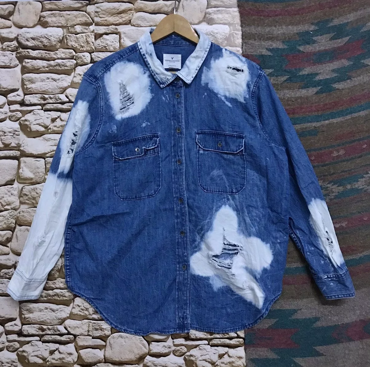 American Eagle Outfitters Button Ups American Eagle Outfitters Distress Design Blue