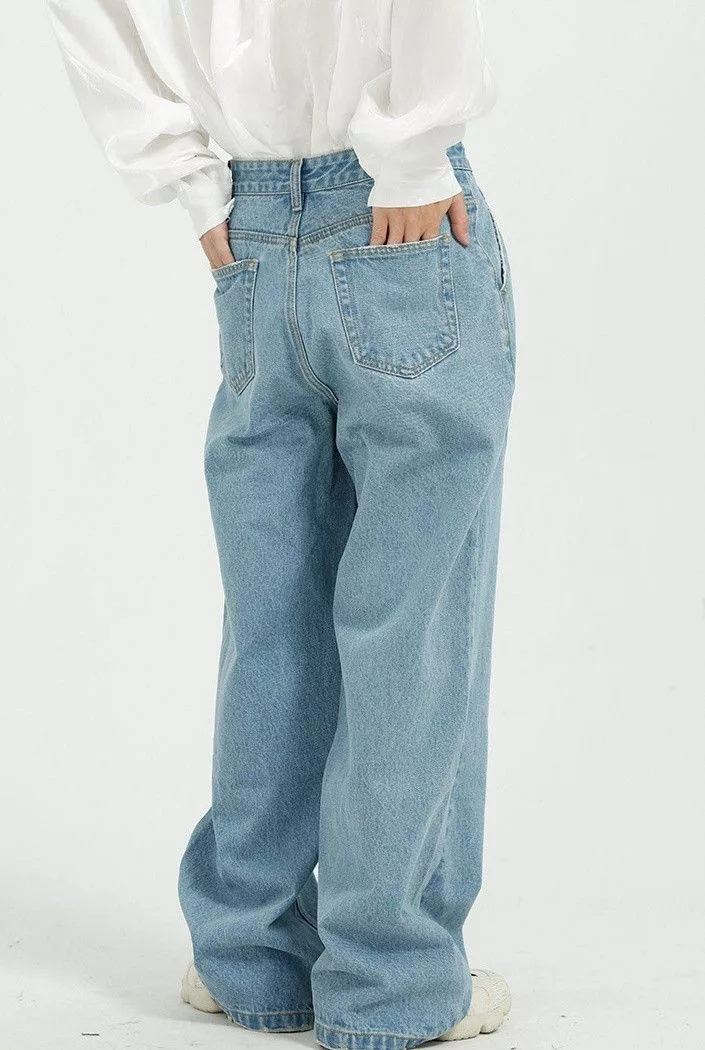Designer Denim Designer × Japanese Brand Blue Washed Loose Wide Leg Straight Jeans Streetwear