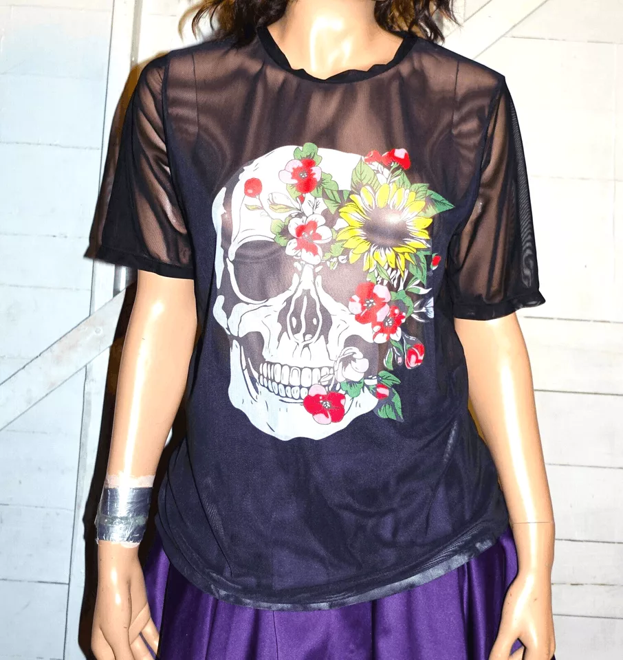 Other Blouses Other Black Sheer Skull Goth Blouse XL