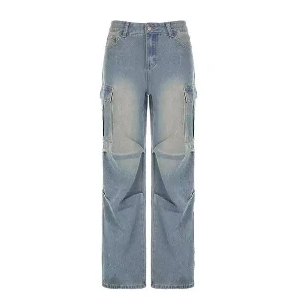 Jean Jeans Retro washed distressed cargo pocket wide leg jeans Blue Avant-Garde