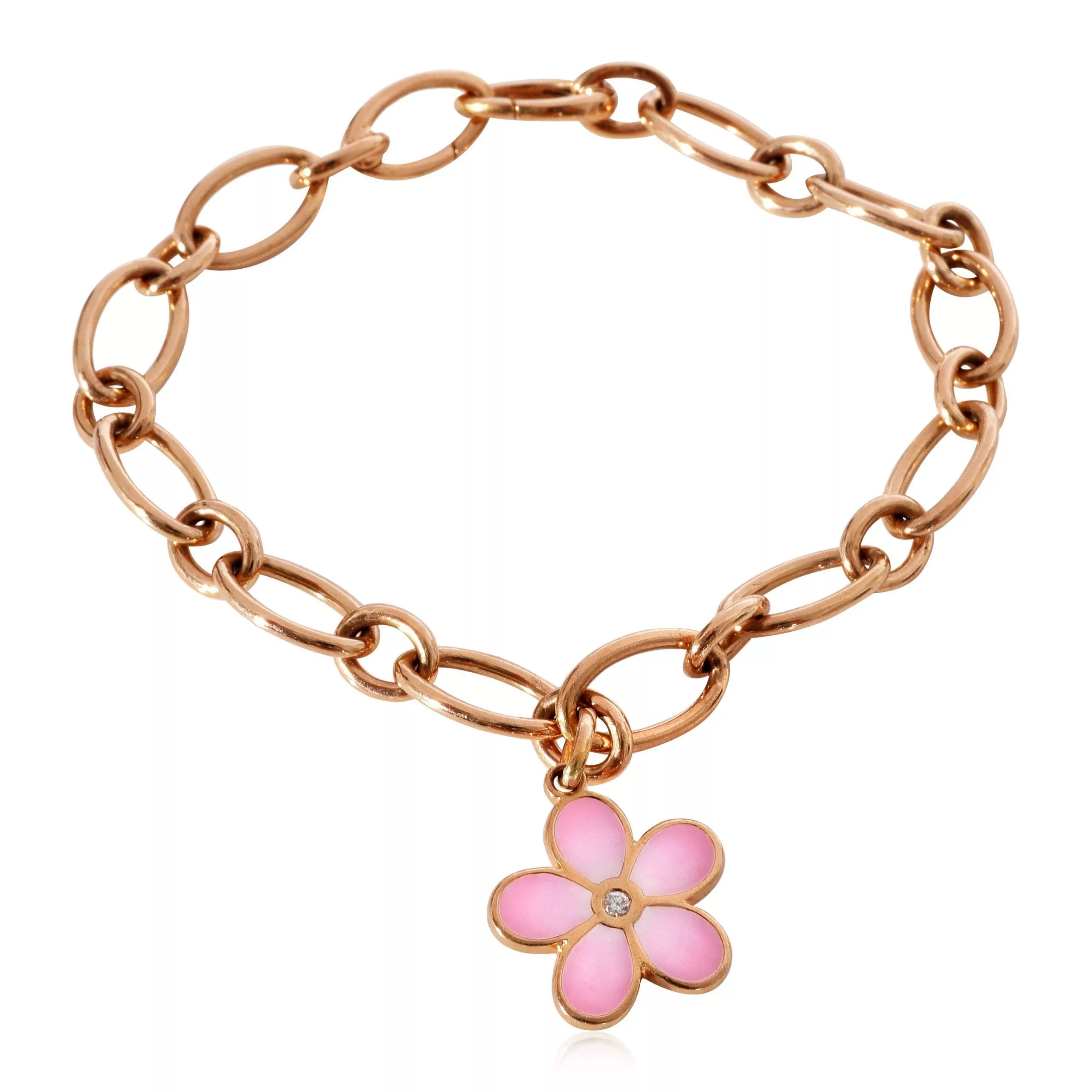 Tiffany & Co. Rings Tiffany & Co. Oval Link Flower Charm Bracelet in 18k Rose Gold, 0.02 Ctw Yellow