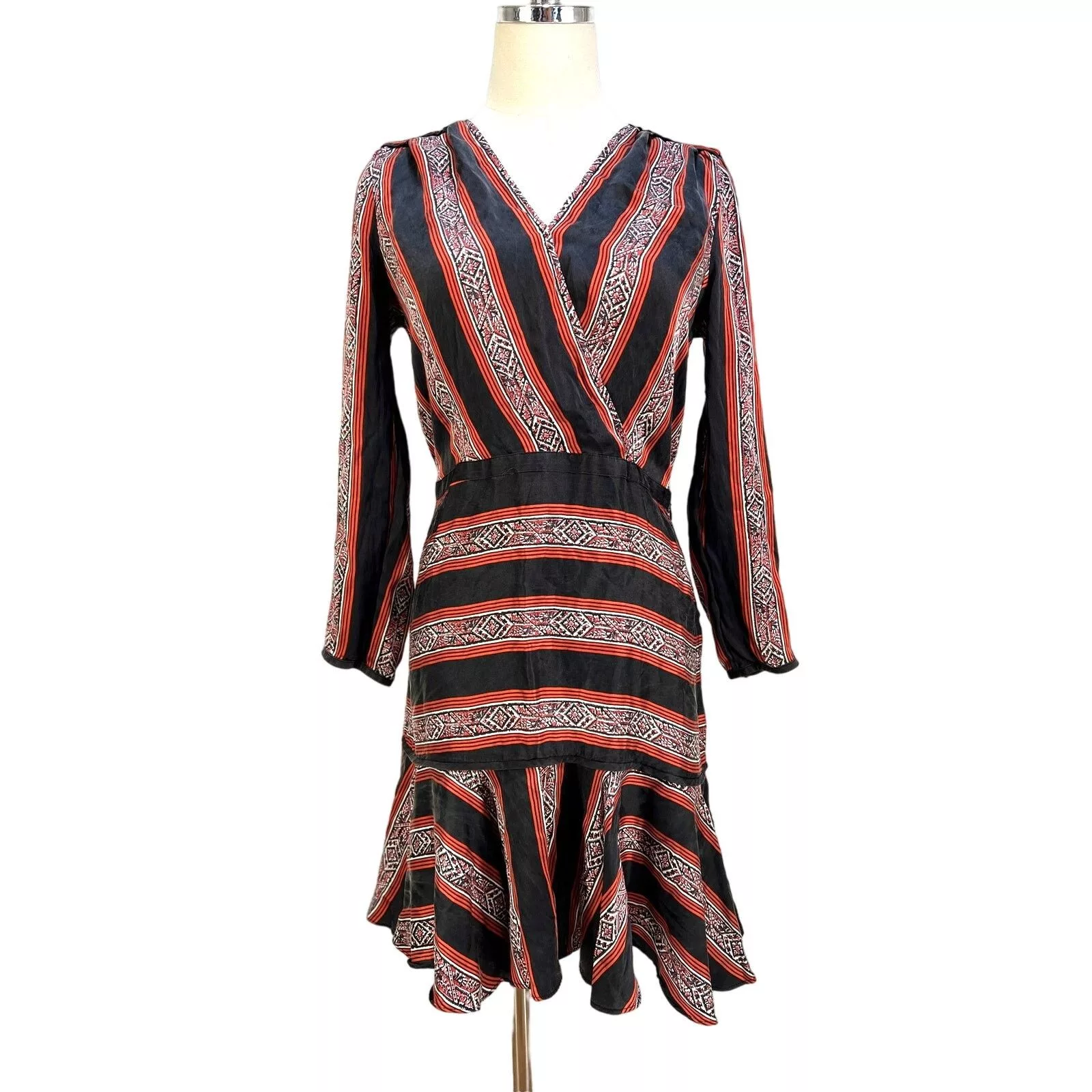 Veronica Beard Mini Dresses Veronica Beard Ivy Flounce Silk Mini Dress Printed Striped Black