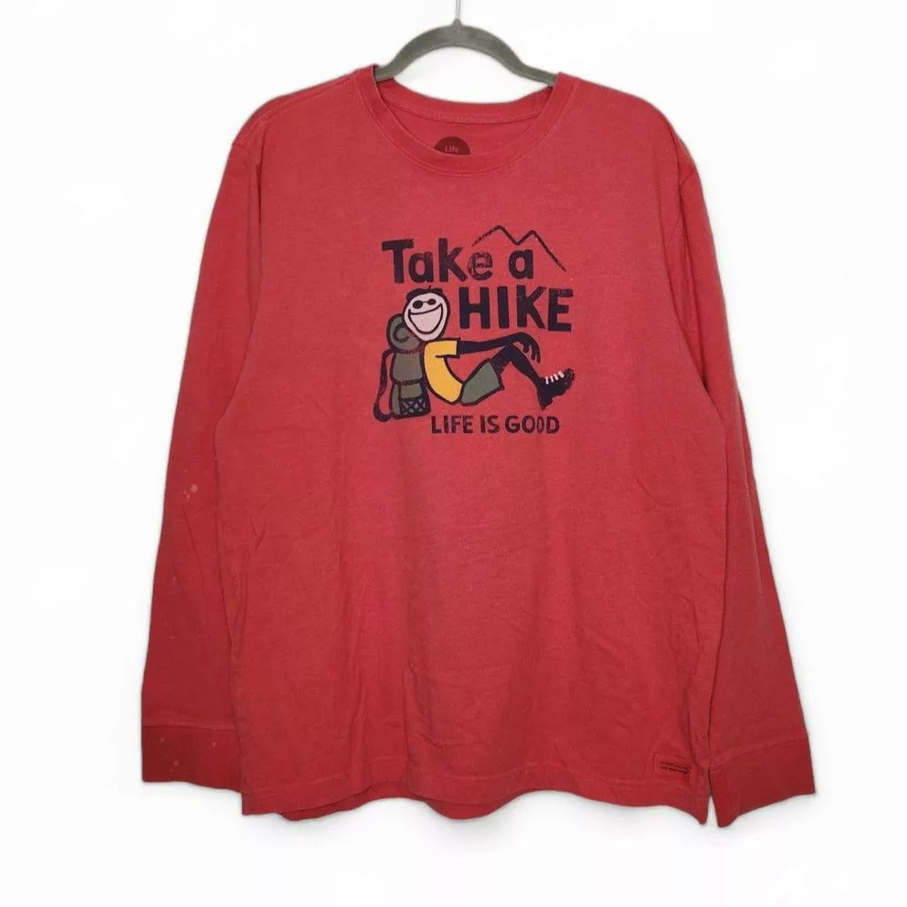 Life is Good Short Sleeve T Shirts Life is Good Take A Hike Large Long Sleeve Shirt Nature Eart Red