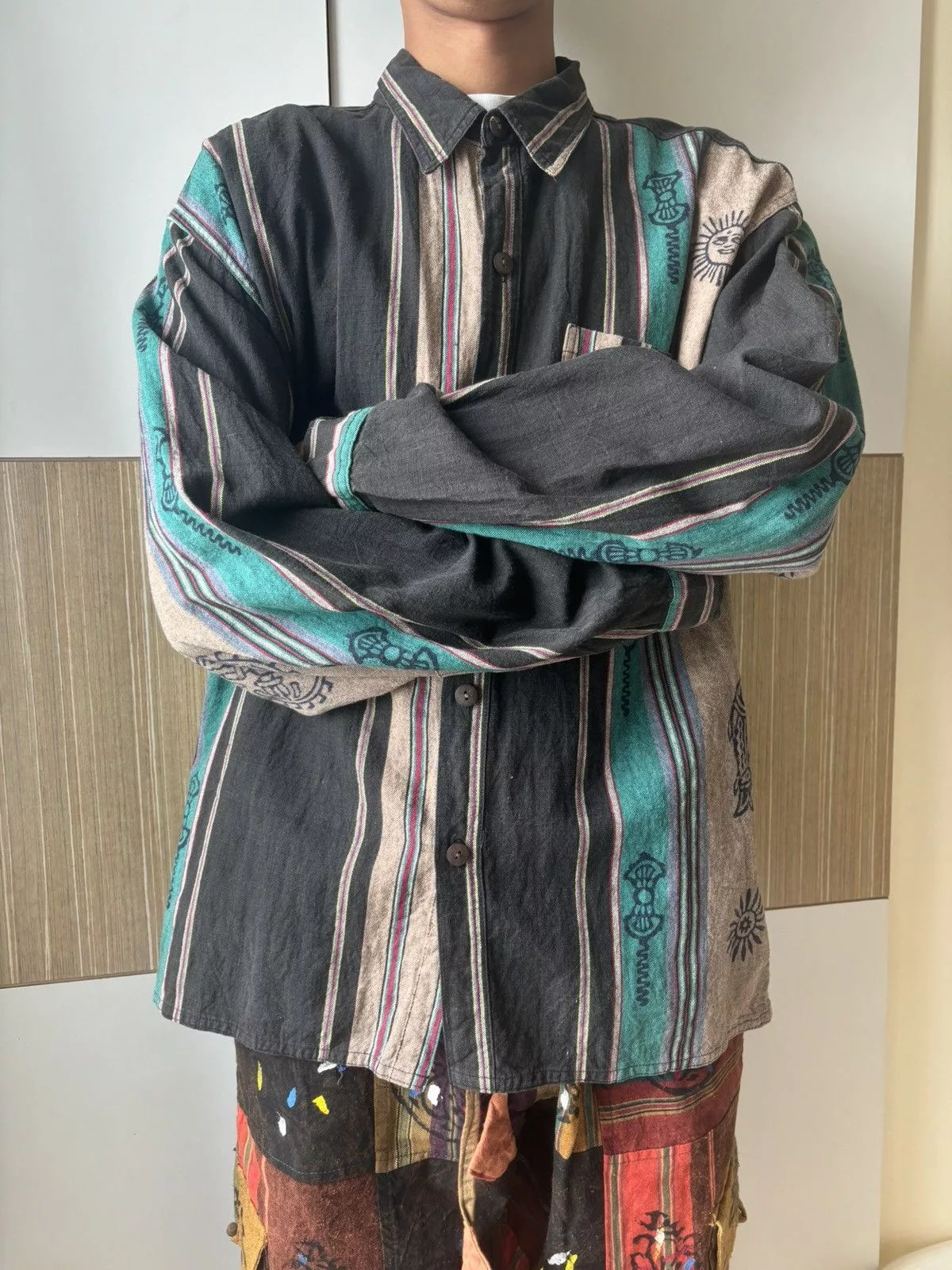 Handmade Shirts Button Ups Handmade × Vintage Nepalese Button-up Shirt with Hand Blockprinted design Black