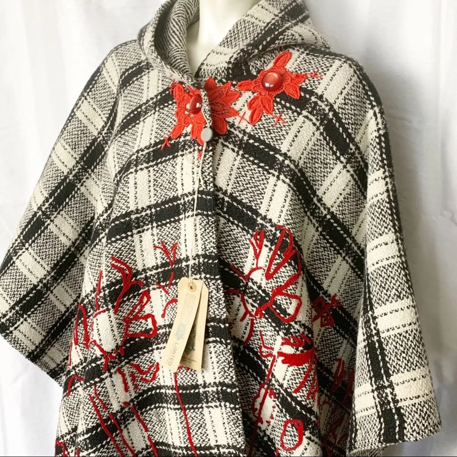 Ermanno Gallamini Jackets Ermanno Gallamini Hooded Wool Blanket Cape Poncho Check Multi