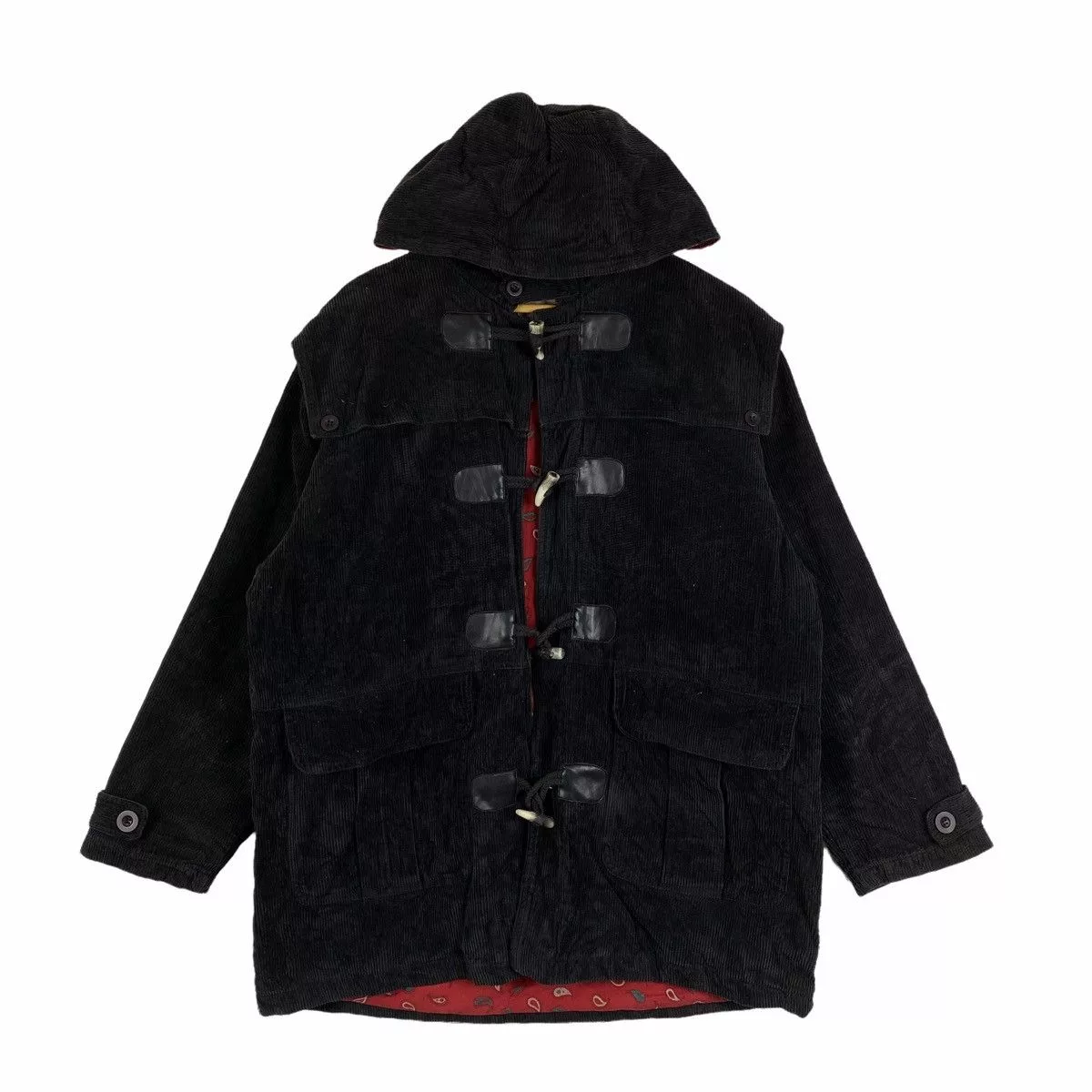 Vintage Heavy Coats Vintage HOUSTON Coduroy Toggle Button Hoodie Long Jacket Black