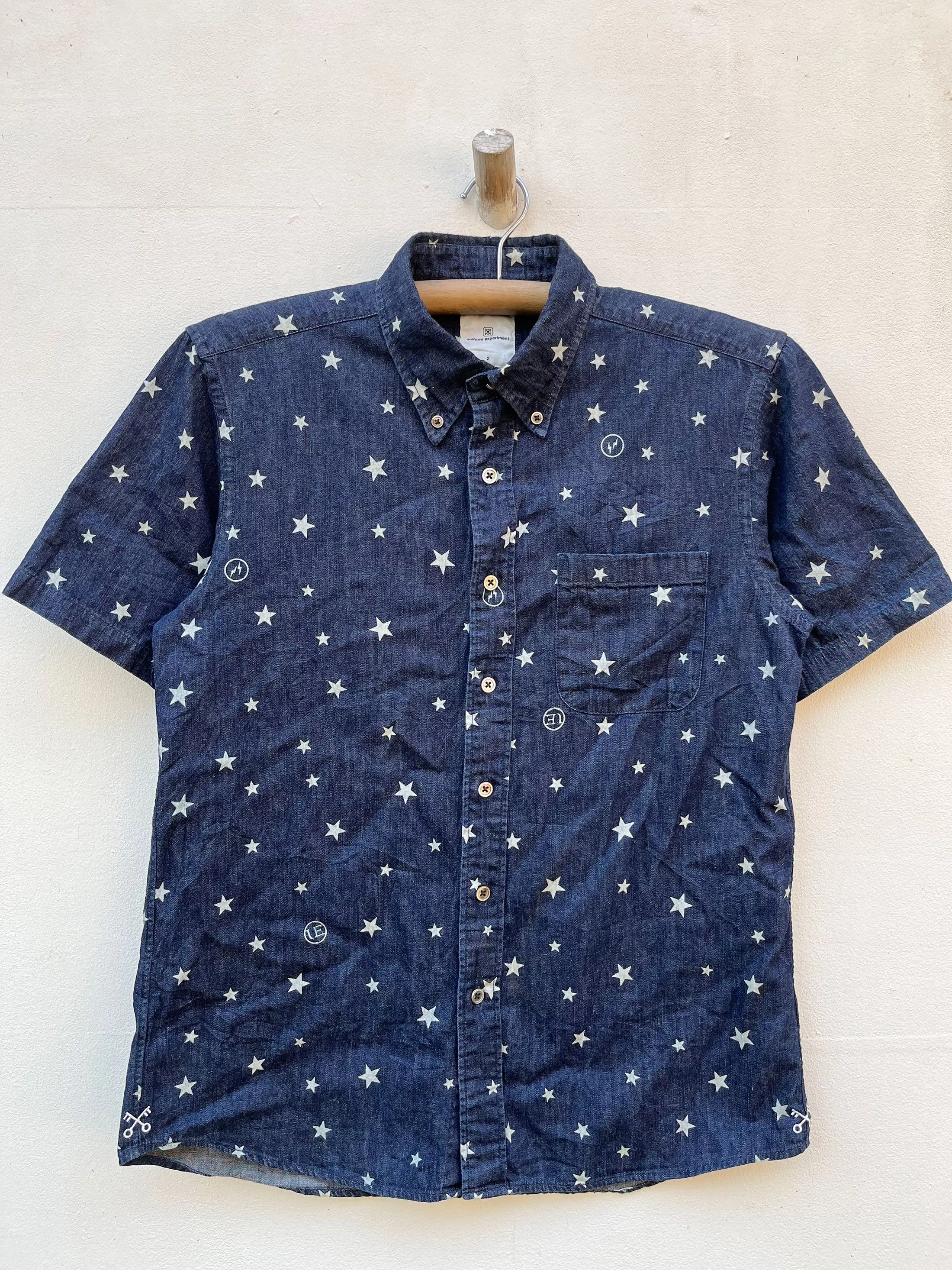 Designer Shirts Button Ups Designer × Fragment Design × uniform experiment Uniform Experiment Soph Denim Short Sleeve Button Down Shirt Blue