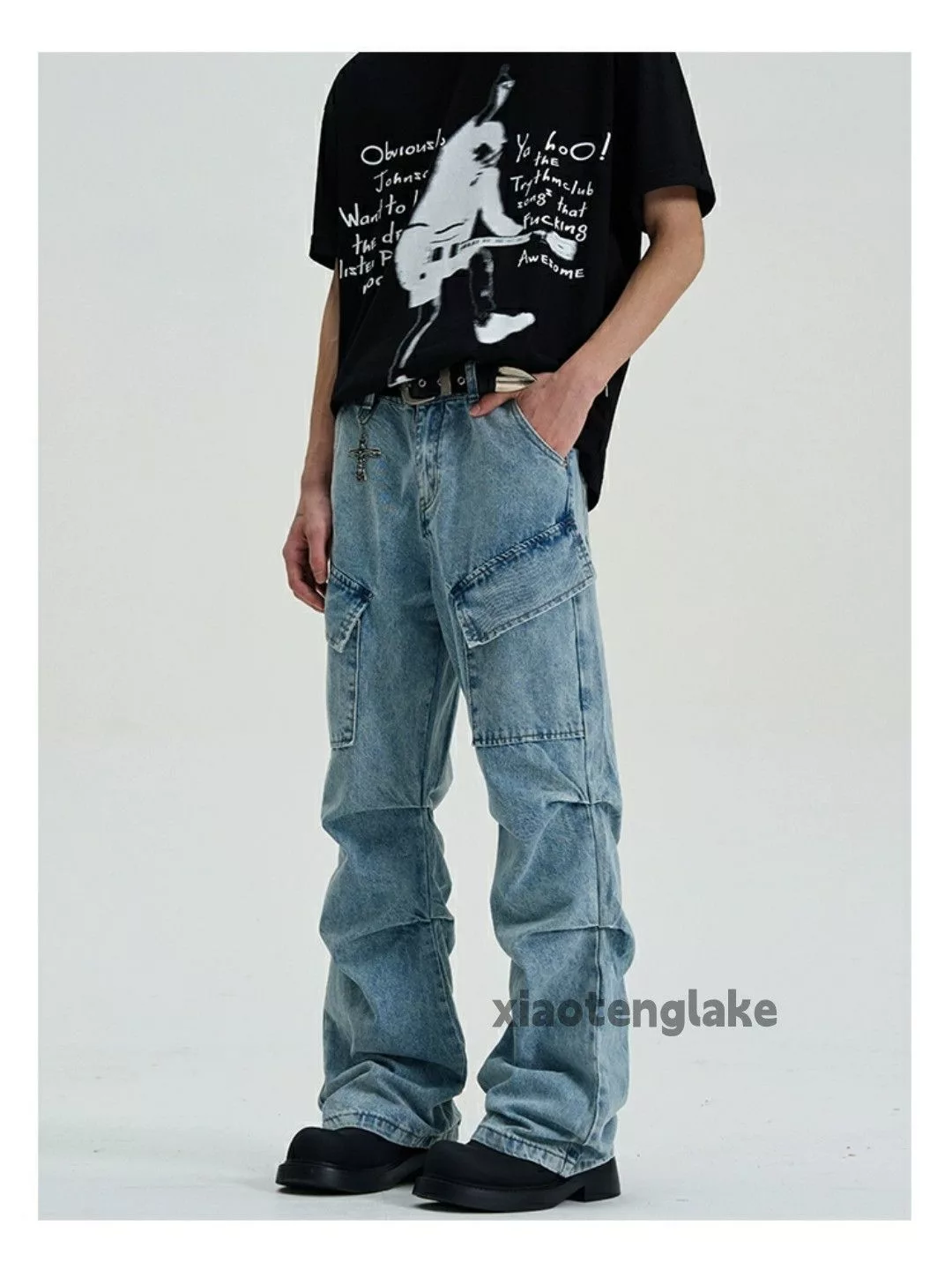 Jean Denim Jean × Vintage washed faded pleated punk grunge flared cargo jeans Blue