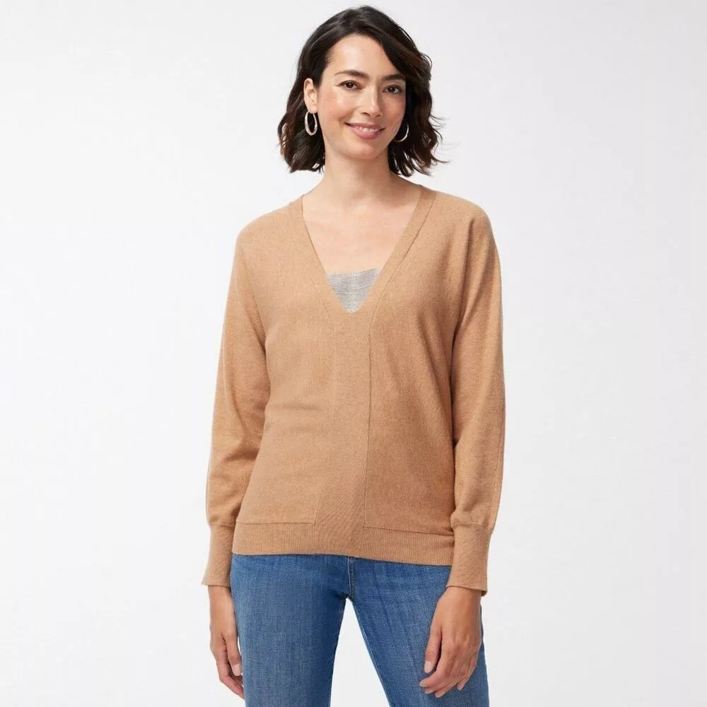 Chicos Sweaters Chicos New Chico's Caviar Bead V-Neck Pullover Tan Sweater Size 1 Brown