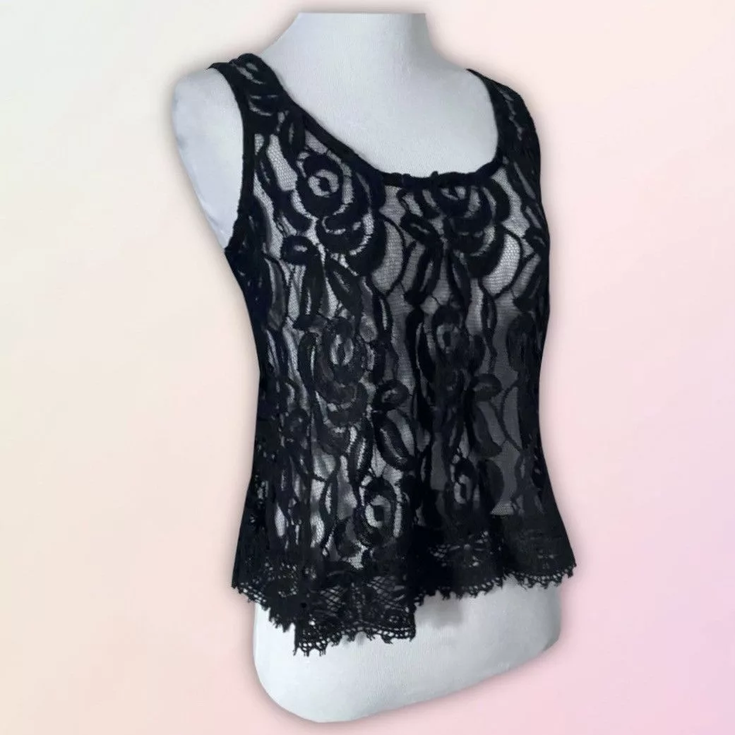 Vintage Tank Tops Vintage, Black, Sheer, 3/4 Sleeveless, Lace Tank/Blouse