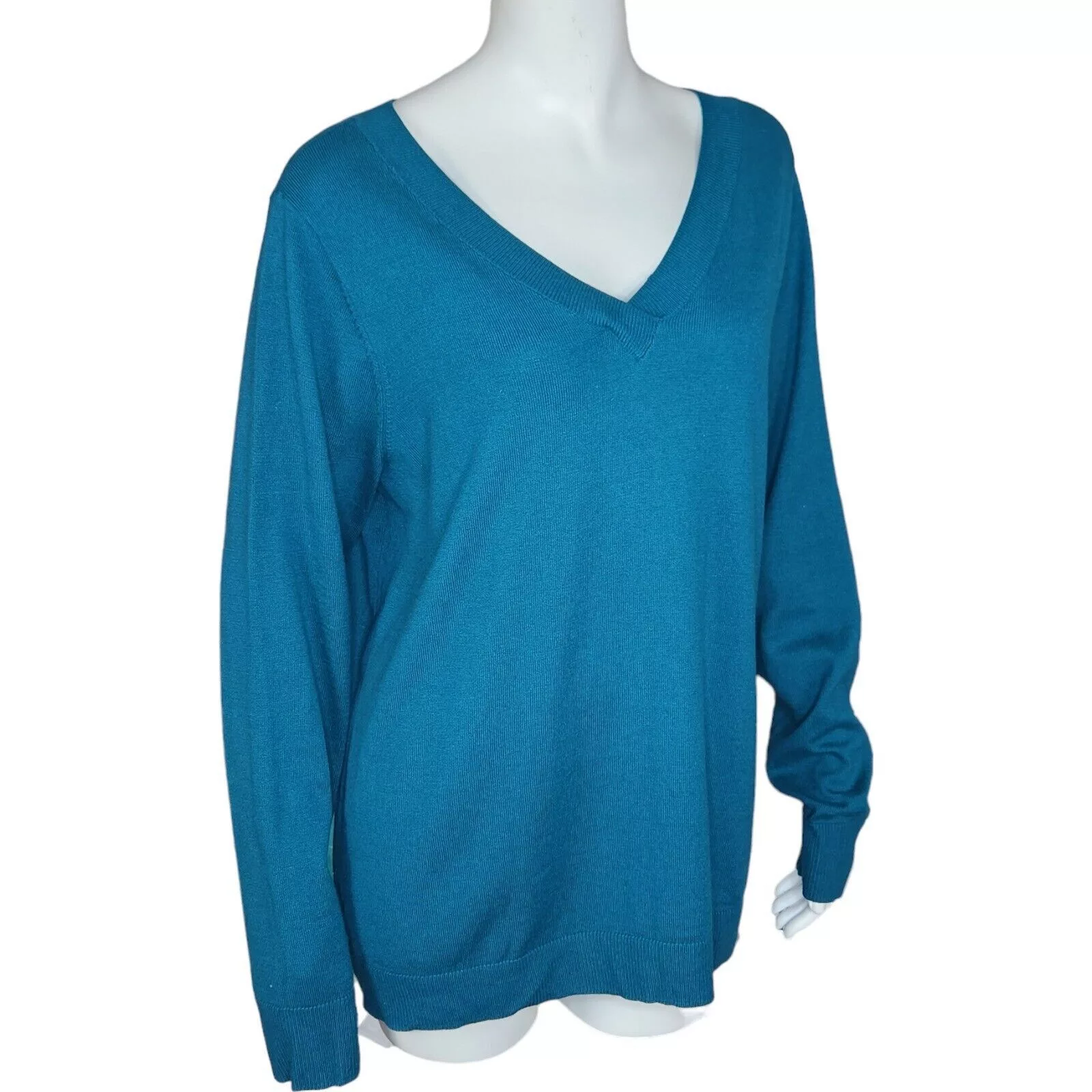 Denim & Co. Blouses Denim & Co. V-Neck Pullover Sweater Spruce BlueGreen Large