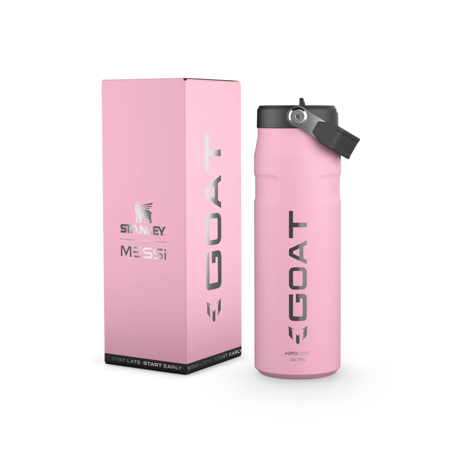 The Messi x Stanley IceFlow™ Water Bottle with Flip Straw Lid 24 OZ In Messi GOAT Pink