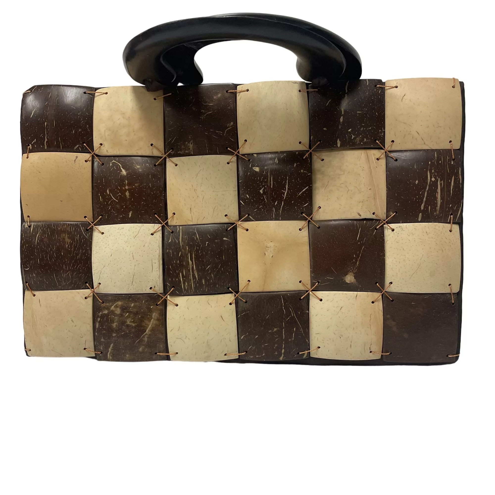 Other Handle Bags Other Vtg COCONUT Shell Patchwork MOD Handbag SATIN Lined Purse Brown