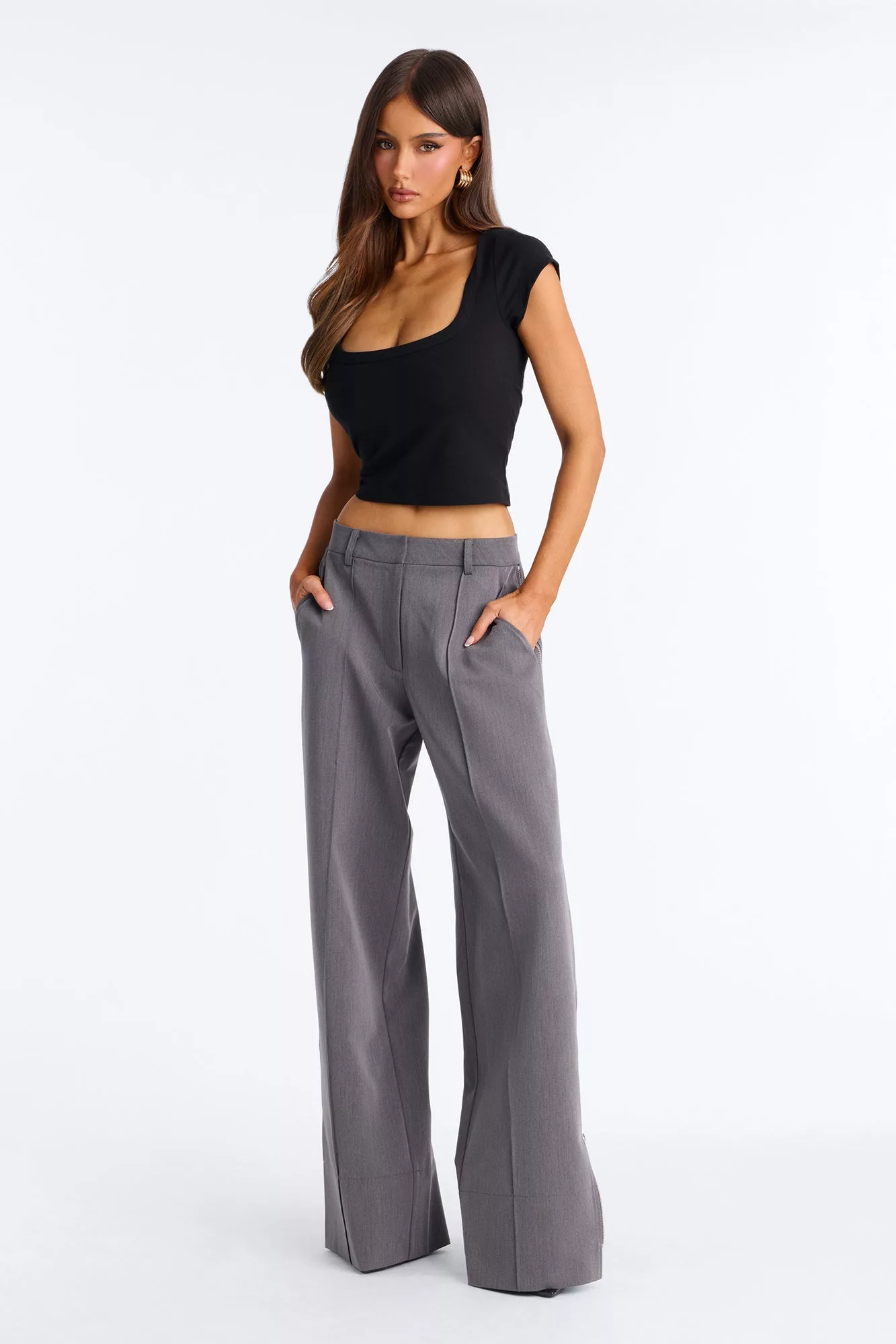 Parker High Rise Zipper Wide Leg Trouser Pant - Charcoal