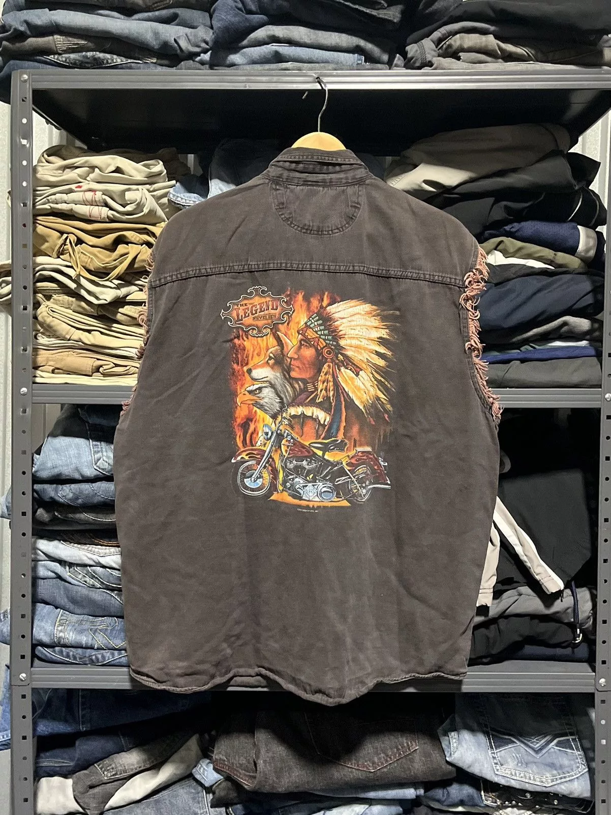 Harley Davidson Vests Harley Davidson × Vintage CRAZY VINTAGE FADED FLAMES BIKER NATIVE CUTOFF VEST UNIQUE Brown Streetwear