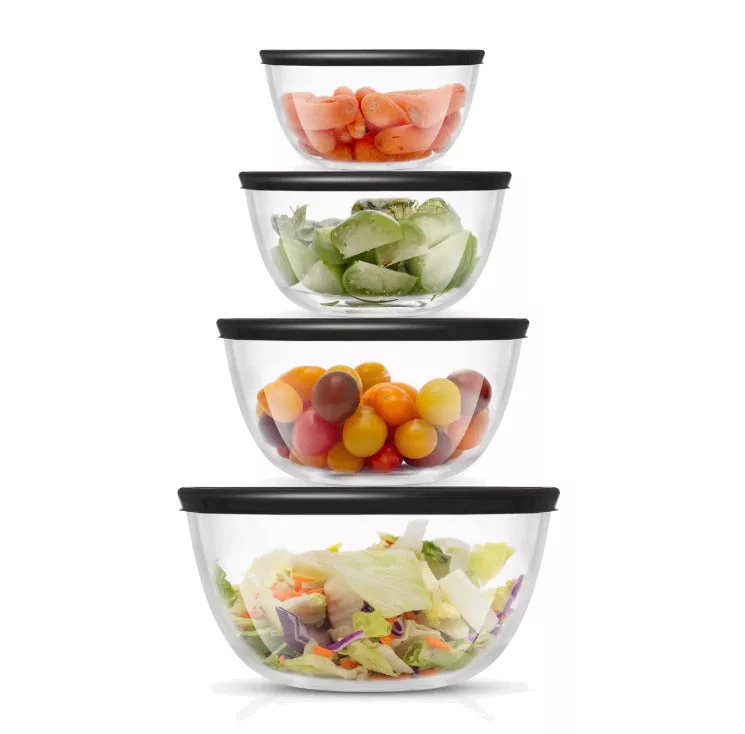 4 Nesting Glass Bowls w/Lids Black