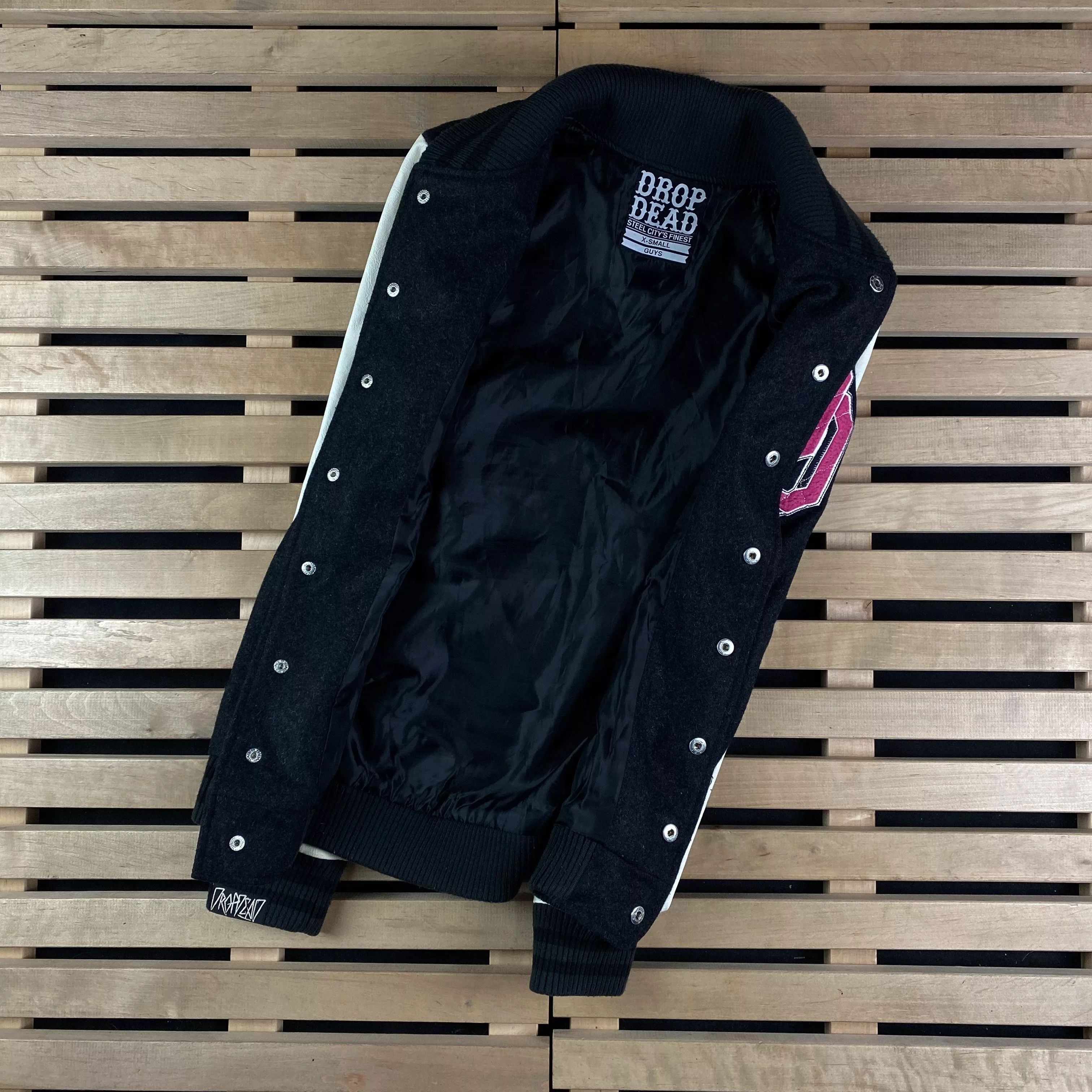 Drop Dead Bombers Drop Dead × Drop Dead Clothing Mens Sweater Bomber Jacket Drop Dead Guys Size XS Big Print Gray Streetwear