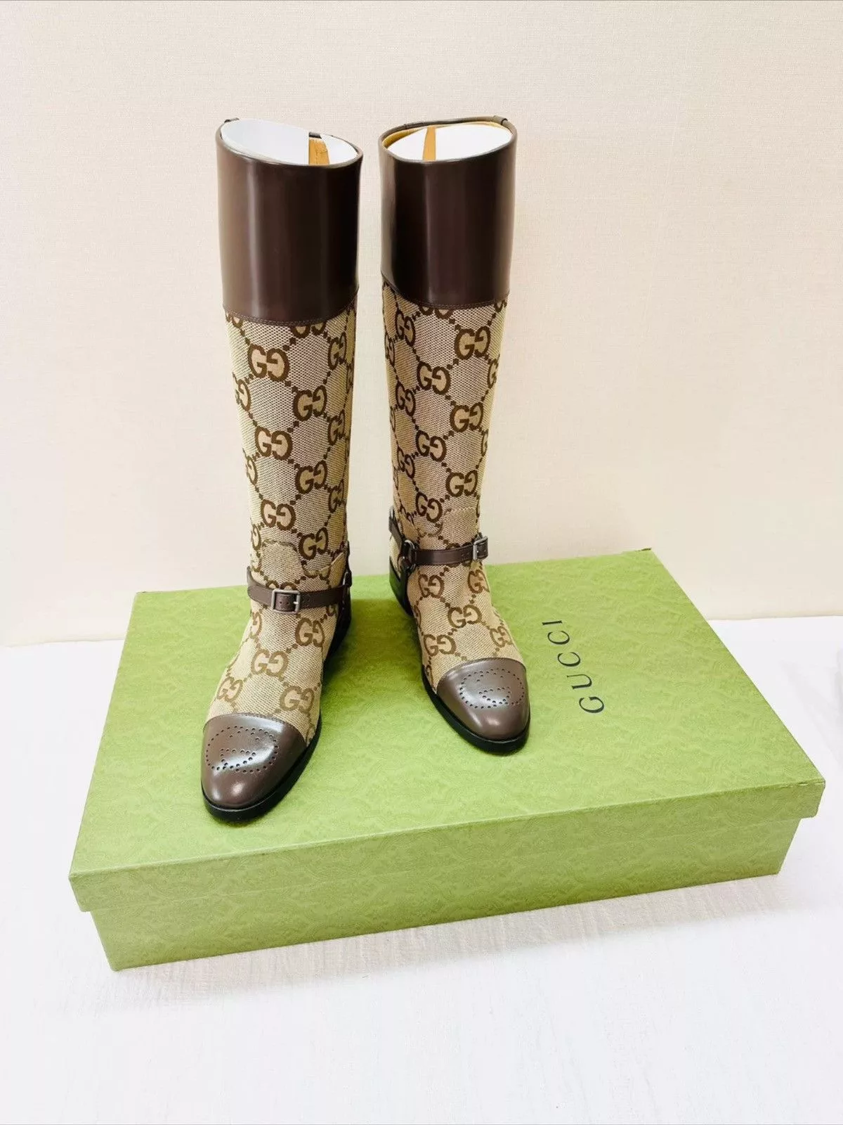 Gucci Boots Gucci GG CANVAS & LEATHER KNEE BOOTS Brown