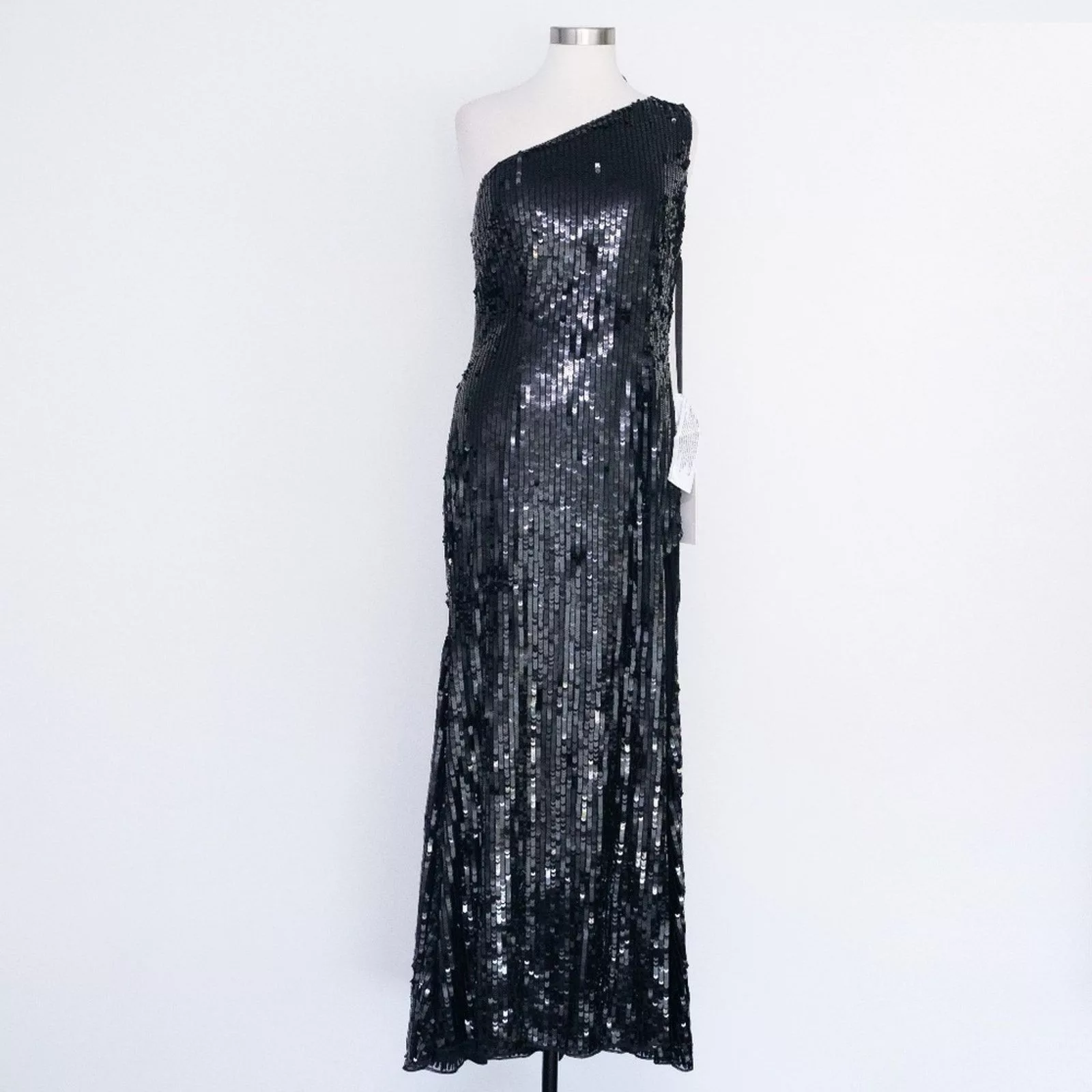 Designer Midi Dresses Designer Mac Duggal. Sequined One Shoulder Back Bow Detail Gown. Black
