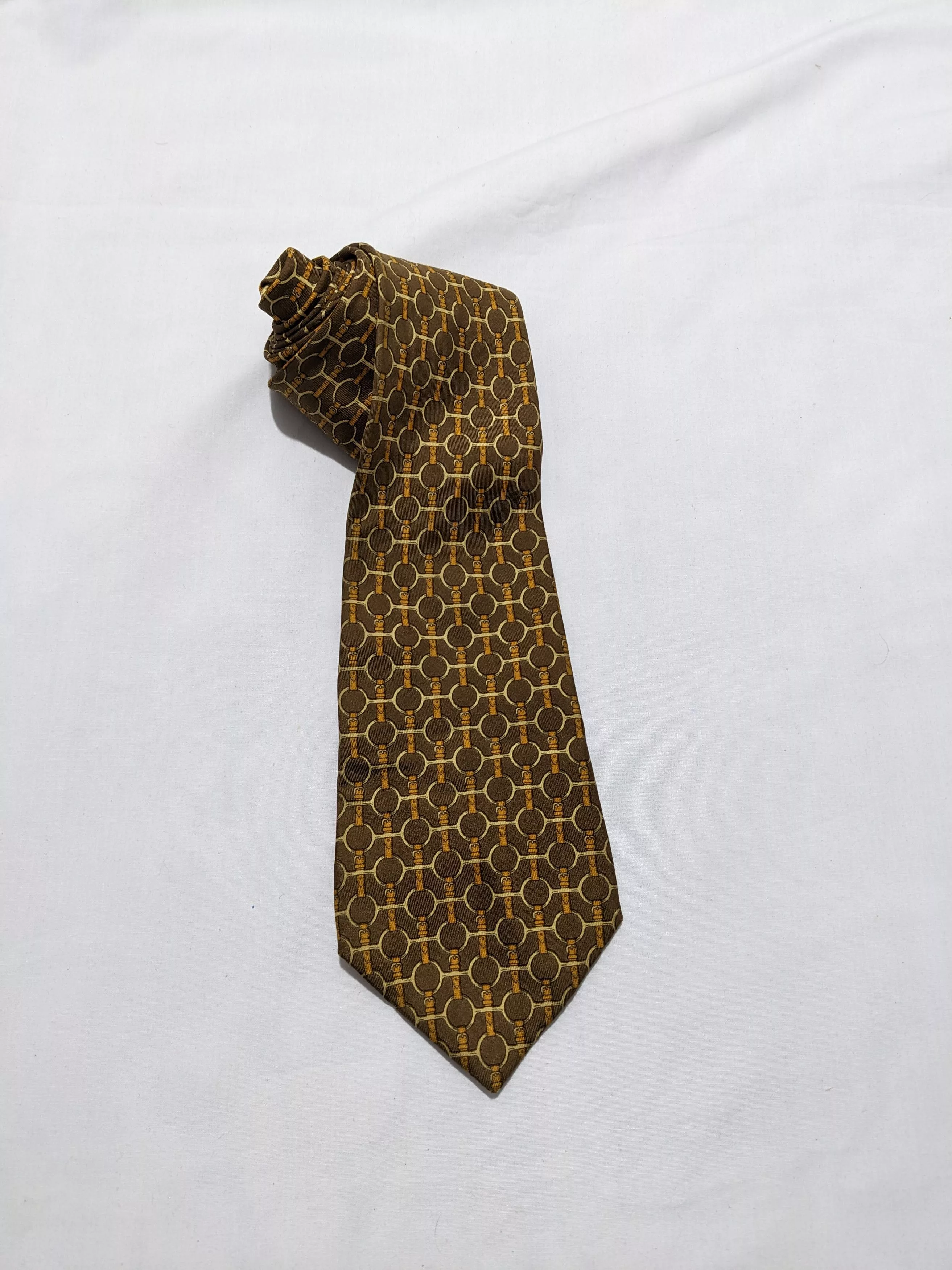 Hermes Ties Pocketsquares Vintage Hermes Abstract Pattern Monogram Gold Silk Tie