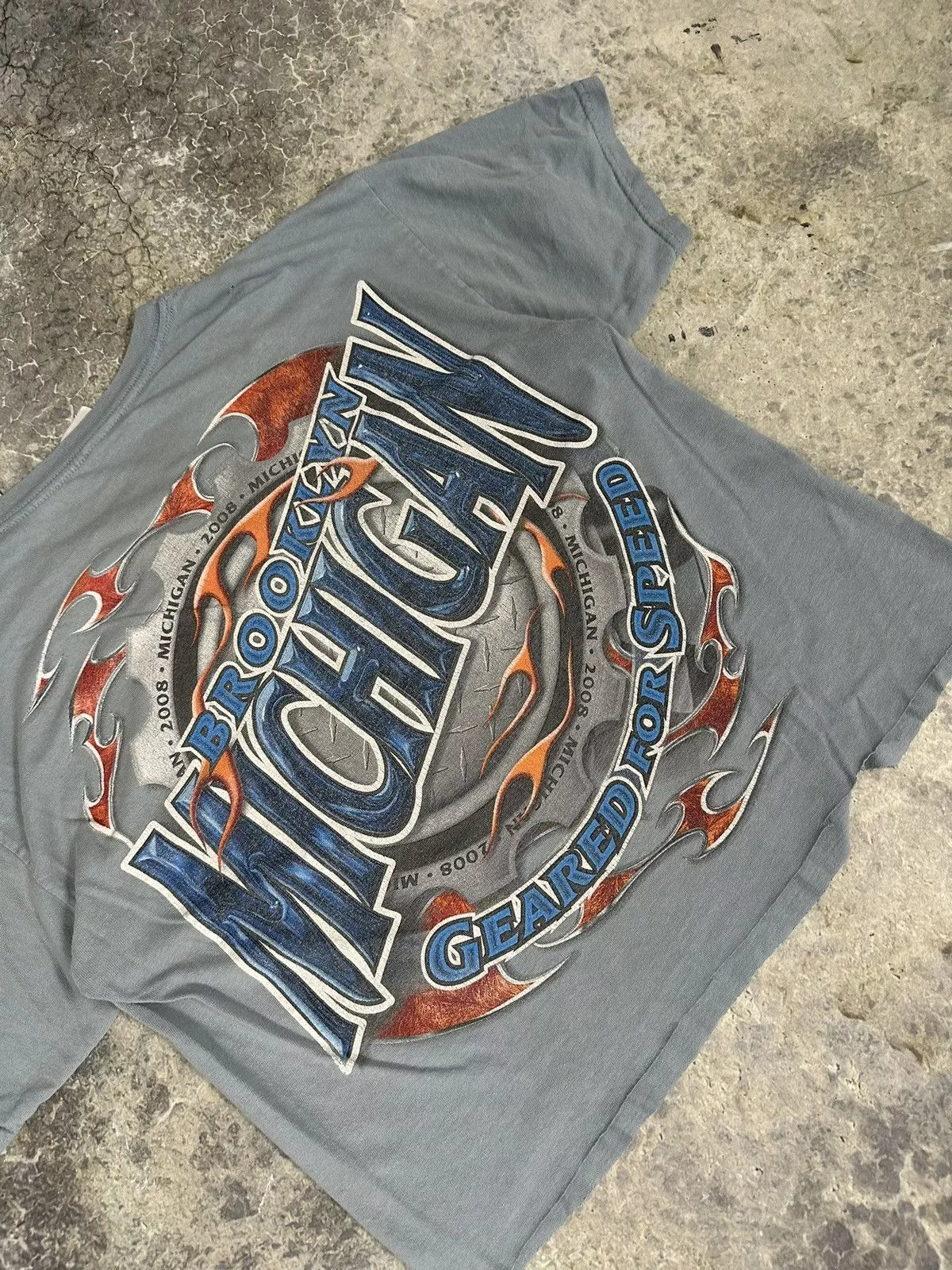 Vintage Short Sleeve T Shirts Vintage Thrashed Brooklyn Bikes Flame Tee Blue Streetwear