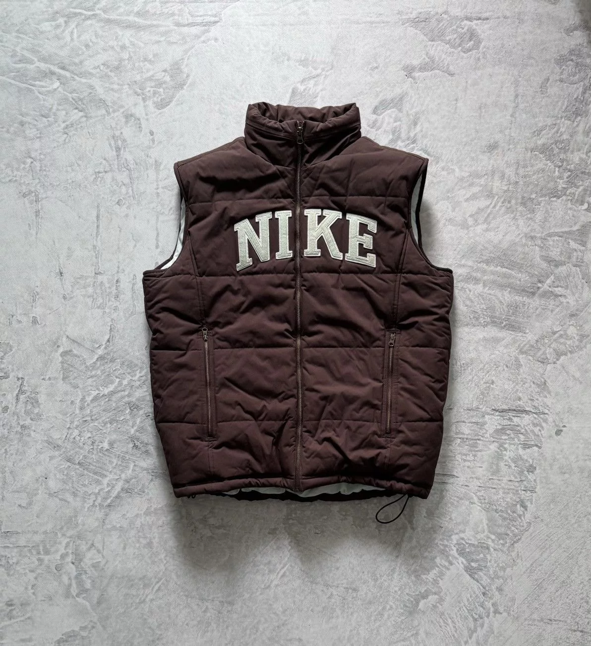 Nike Light Jackets Nike × Vintage 00s Nike Vintage Big Logo Brown Oversize Down Vest Y2K Streetwear