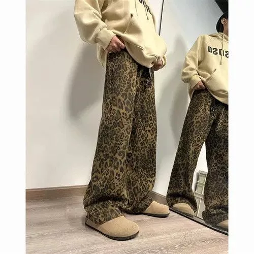 Jean Denim leopard print wide leg jeans Multi Avant-Garde