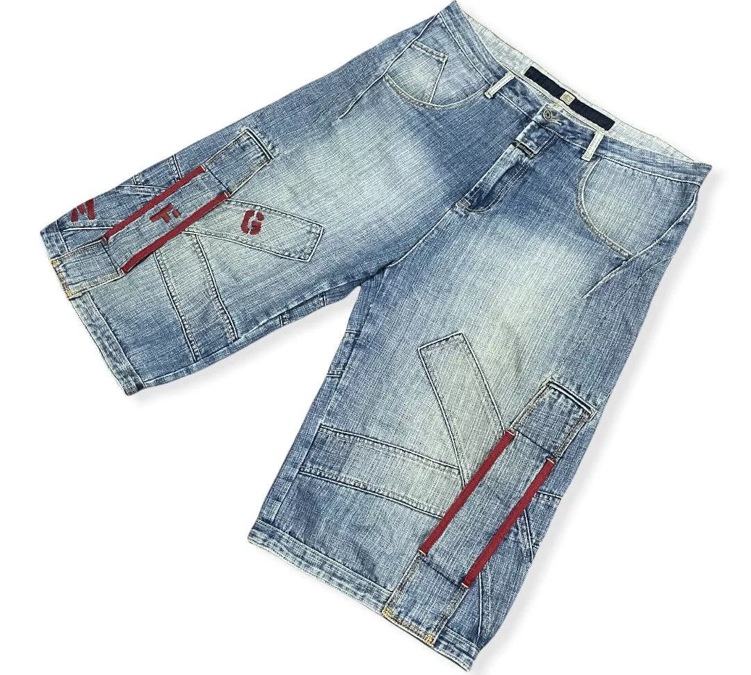 Marithe + Francois Girbaud Shorts Marithe + Francois Girbaud MFG Denim Shirt Embroidery Square Iconic Logo Pocket Blue