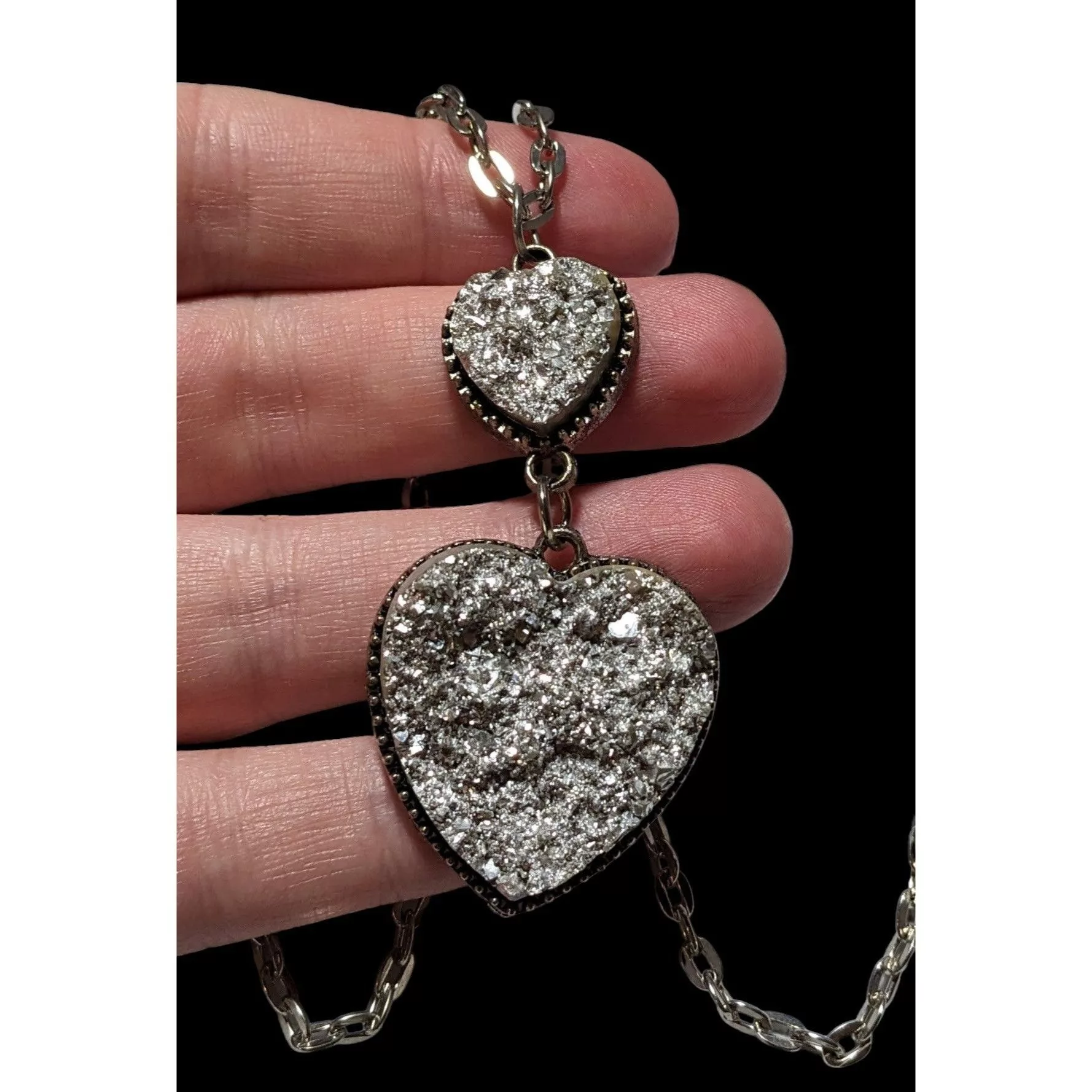 Other Necklaces Other Silver Druzy Double Heart Necklace