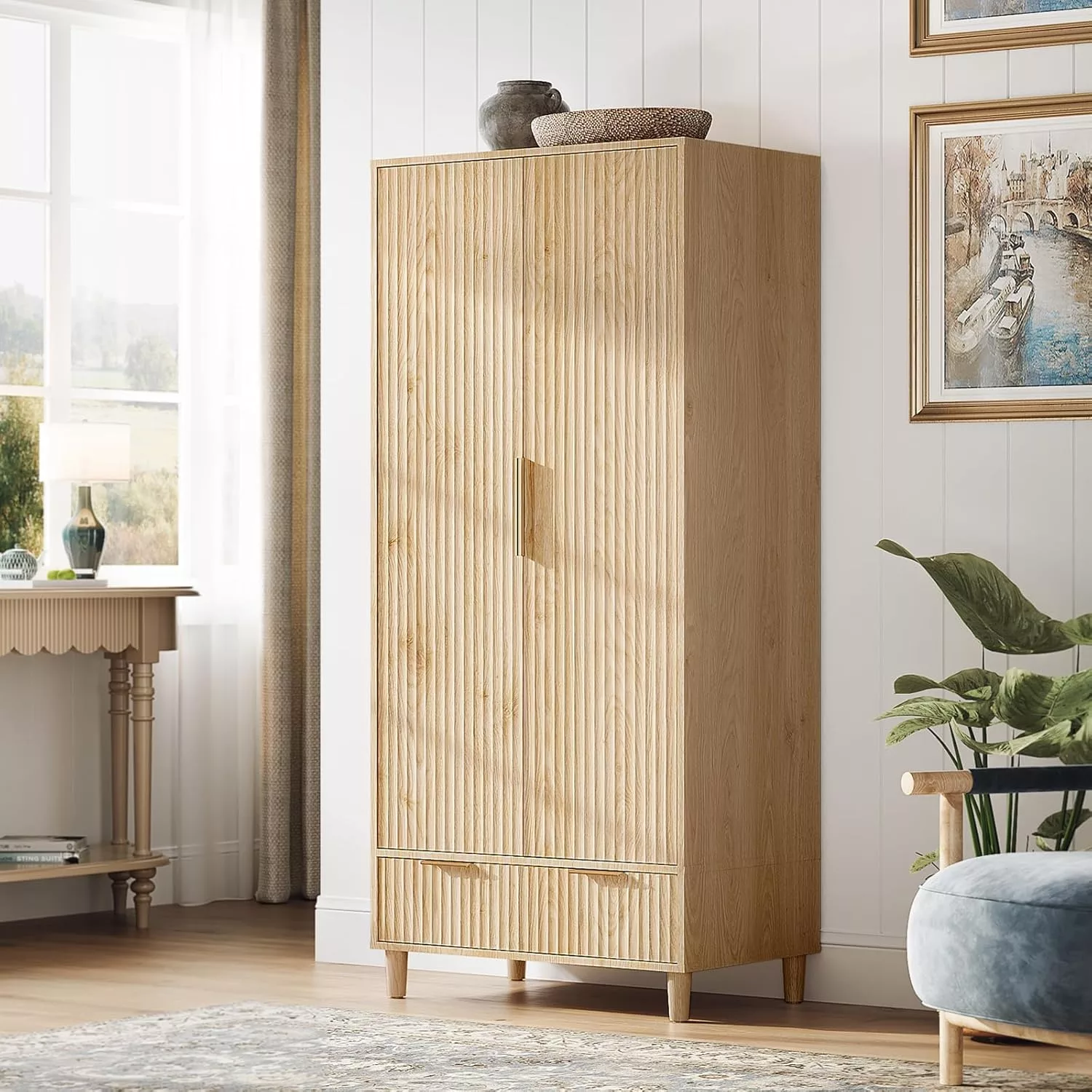 VINGLI 31.5x19.7x69.3 in Fluted Wardrobe Closet Armoire with Doors Drawers and Hanging Rack
