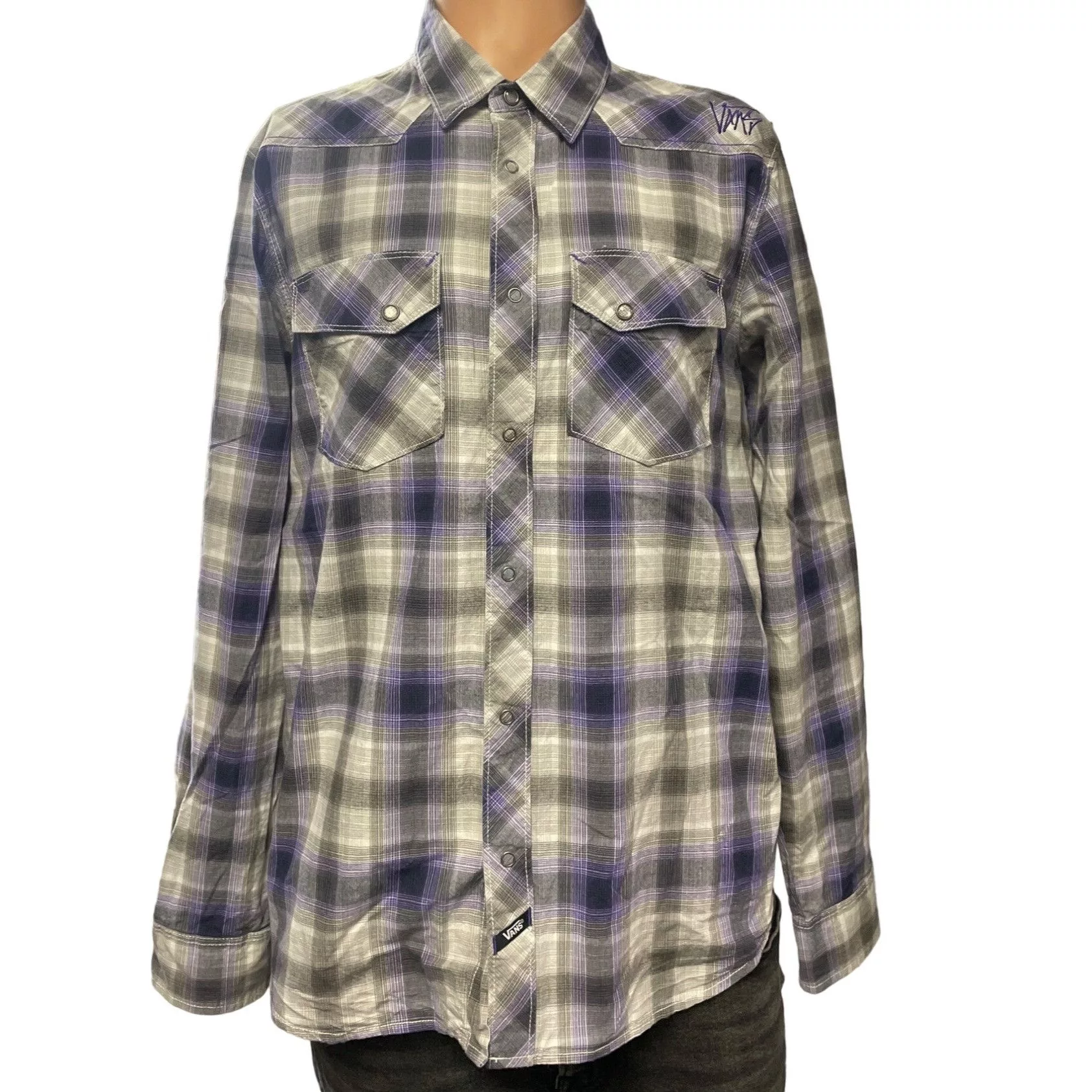 Vans Shirts Button Ups VANS Men's Purple Plaid Long Sleeve Shirt/Snap Button Size M Gray