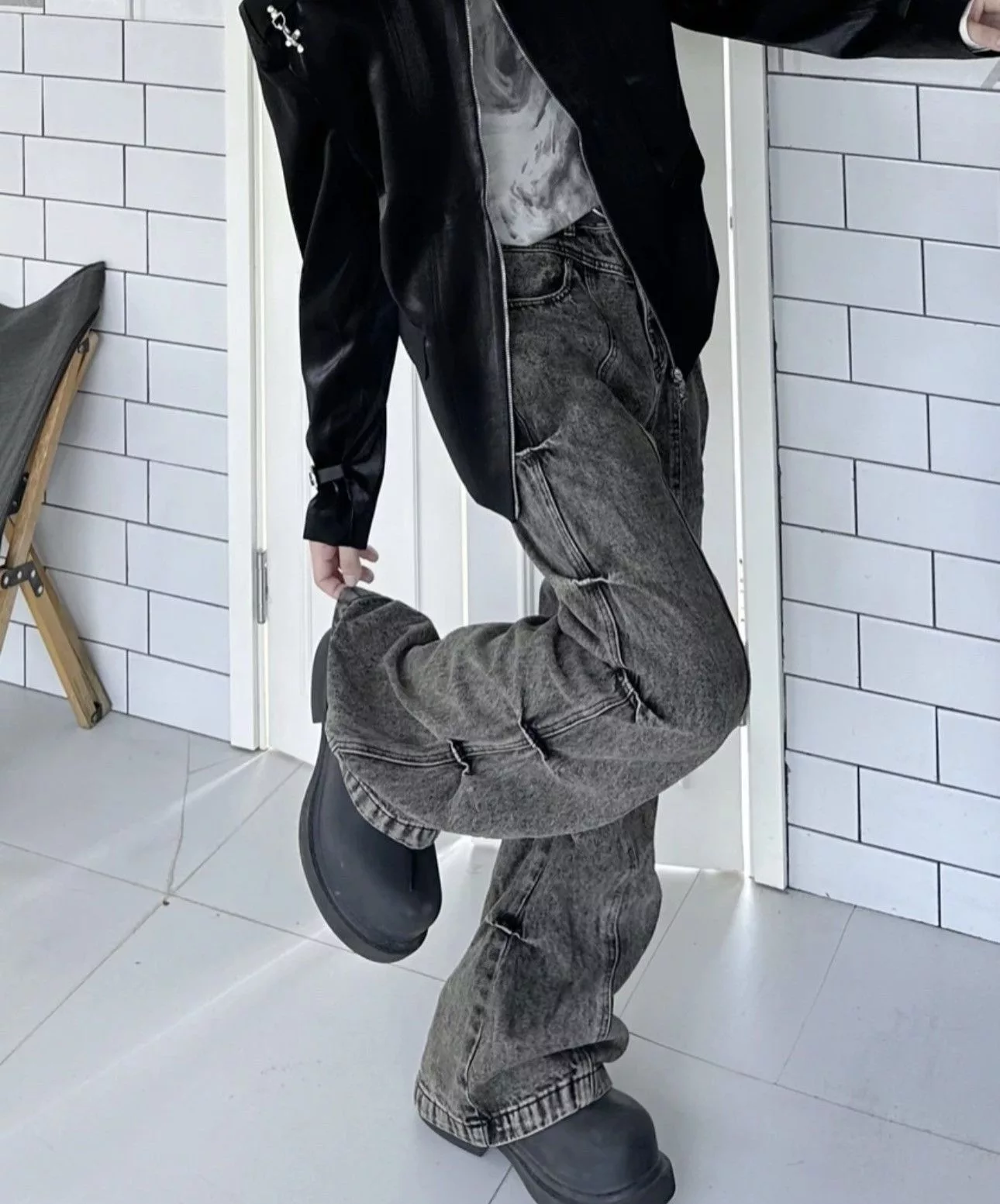 Jean Denim Y2k Cargo Flared Stack Jeans Wide Leg Bootcut Stacked Gray Streetwear