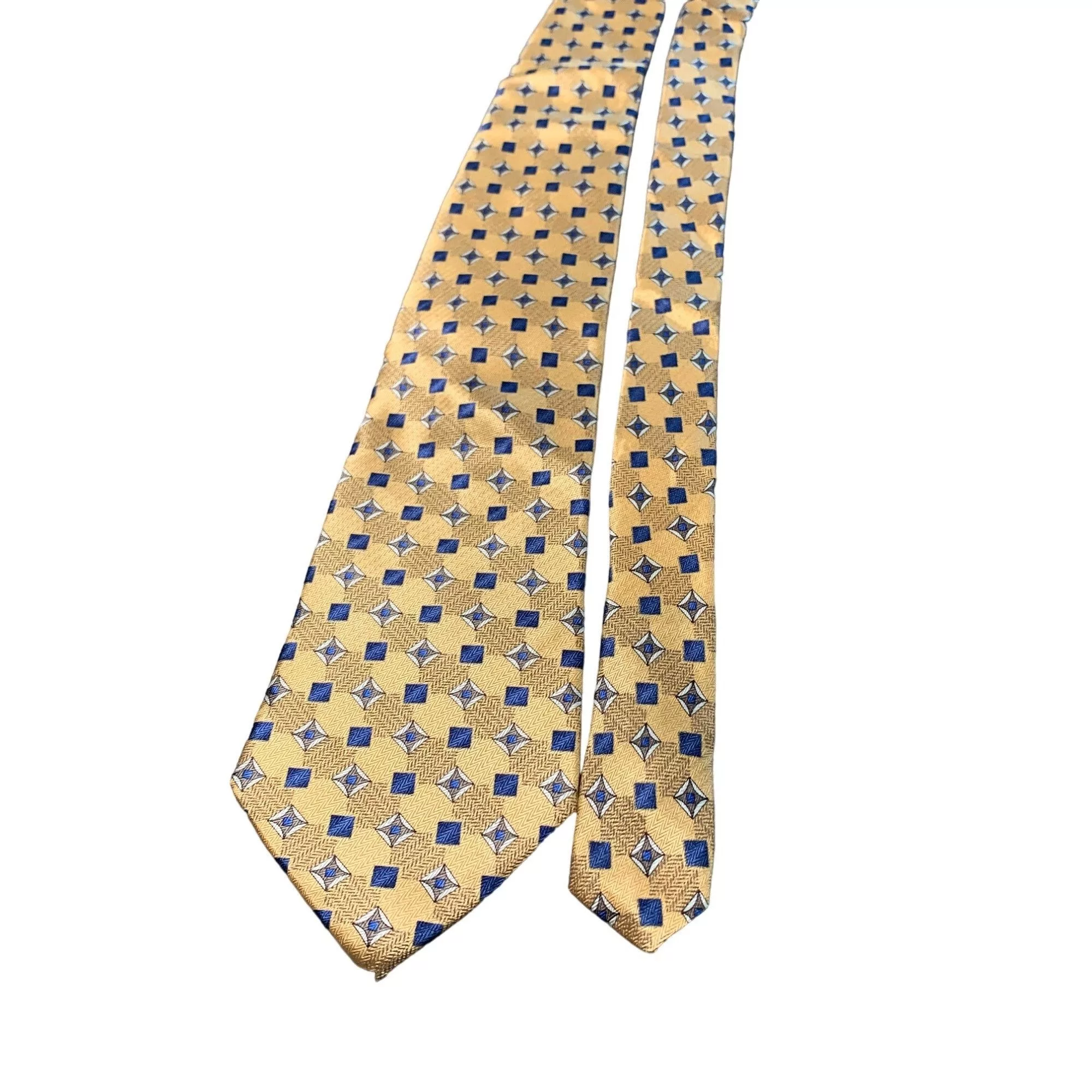 Stafford Ties Pocketsquares Stafford Mens Silk Necktie Gold Blue Diamond Pattern Classic