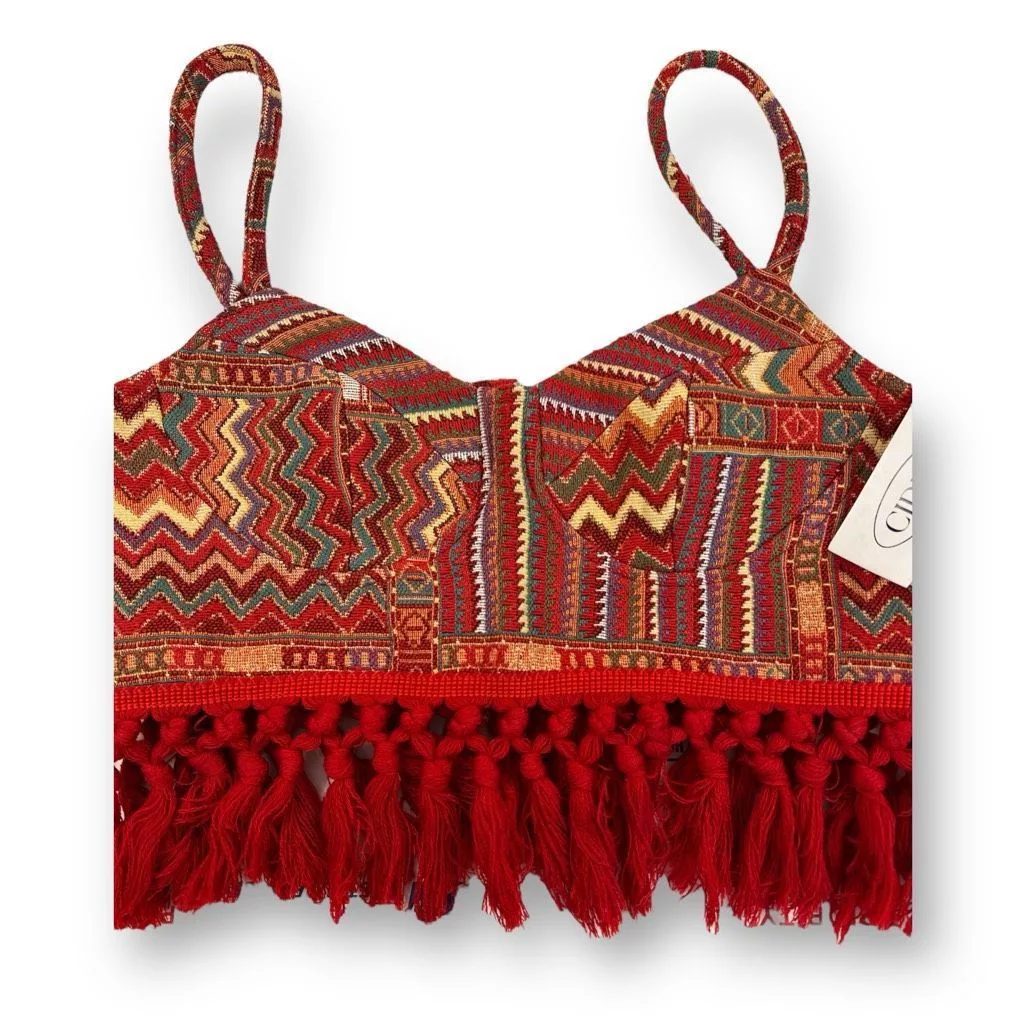 Cider Crop Tops Cider Boho Geometric Corset Fringe Crop Top Size Medium Red