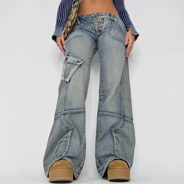 Jean Jeans Retro washed distressed irregular pocket cargo jeans Blue Avant-Garde