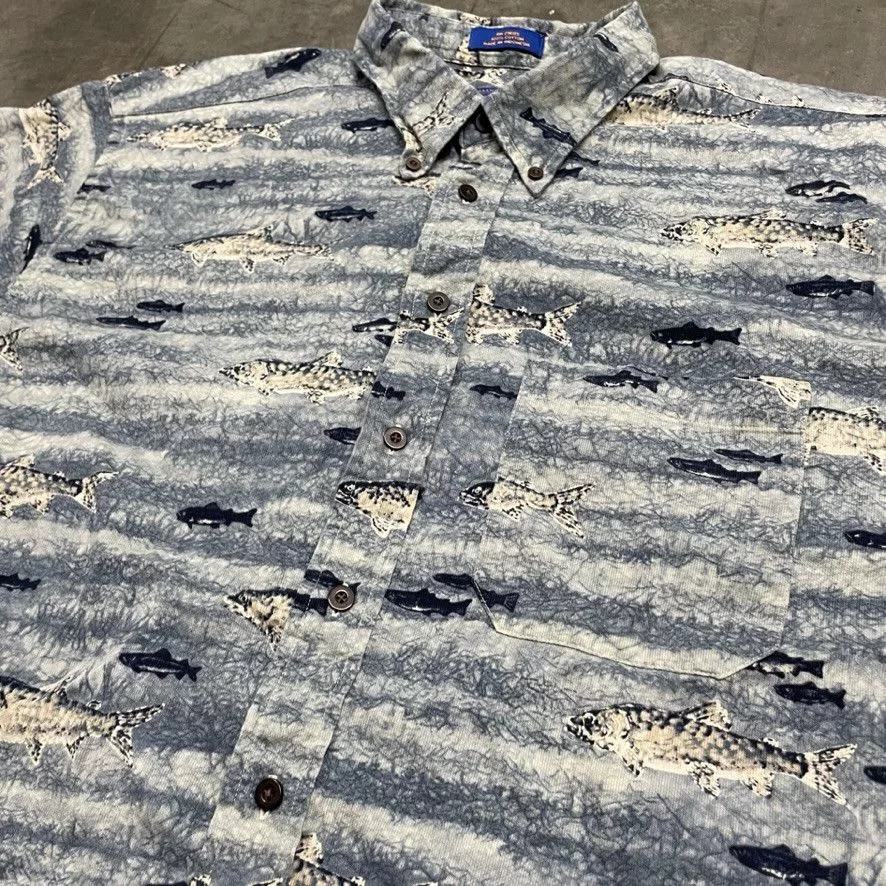 Pendleton Shirts Button Ups Vintage Pendleton Fishing Patterned Button Up Shirt 90s Blue