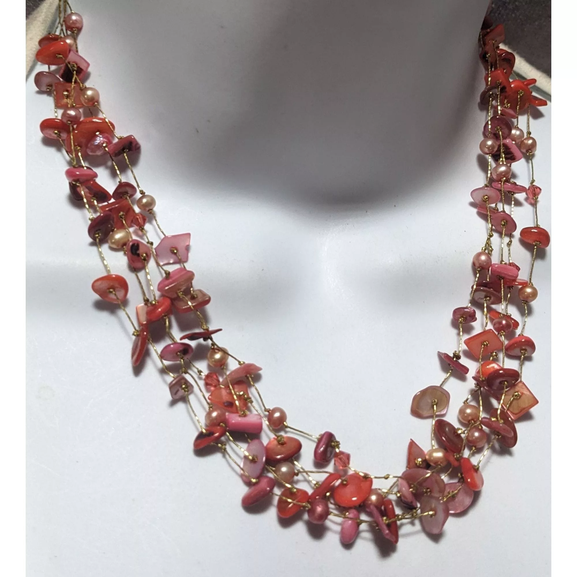 Other Necklaces Other Multi-Strand Pink Shell Chip And Pearl Necklace