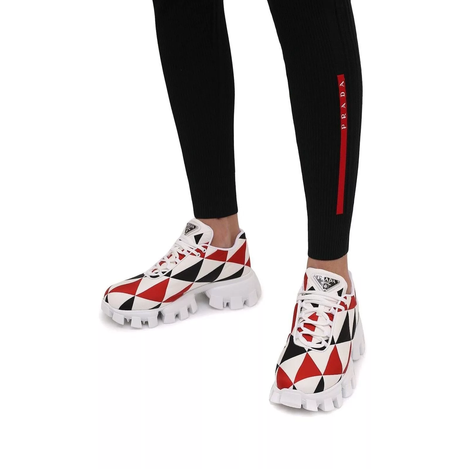 Prada Low Top Sneakers Prada 1E863M WHITE BLACK RED NYLON LOGO THUNDER LOW SNEAKERS 38.5