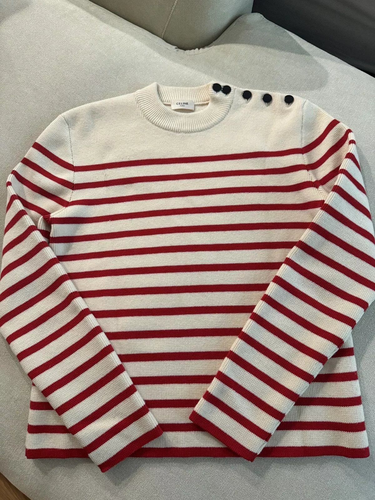 Celine Sweaters Knitwear Celine Breton Stripe Crew Neck Knit White