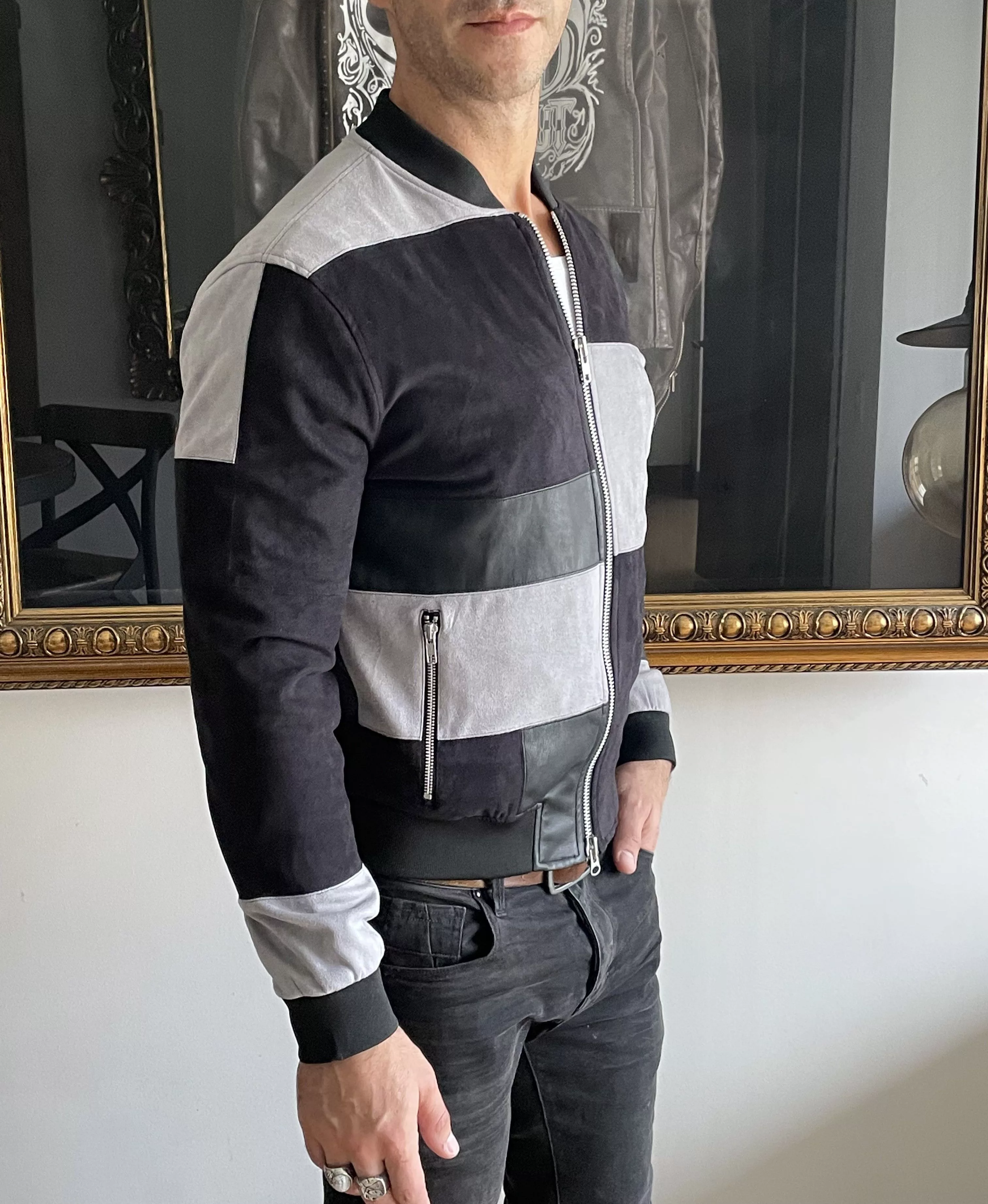 Other Leather Jackets Other Patchwork Leather Suede Black Grey Bomber Jacket Sandro