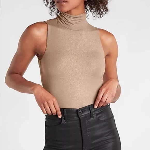 Express Blouses Express minimalist fuzzy beige/tan mock neck sleeveless tank Brown