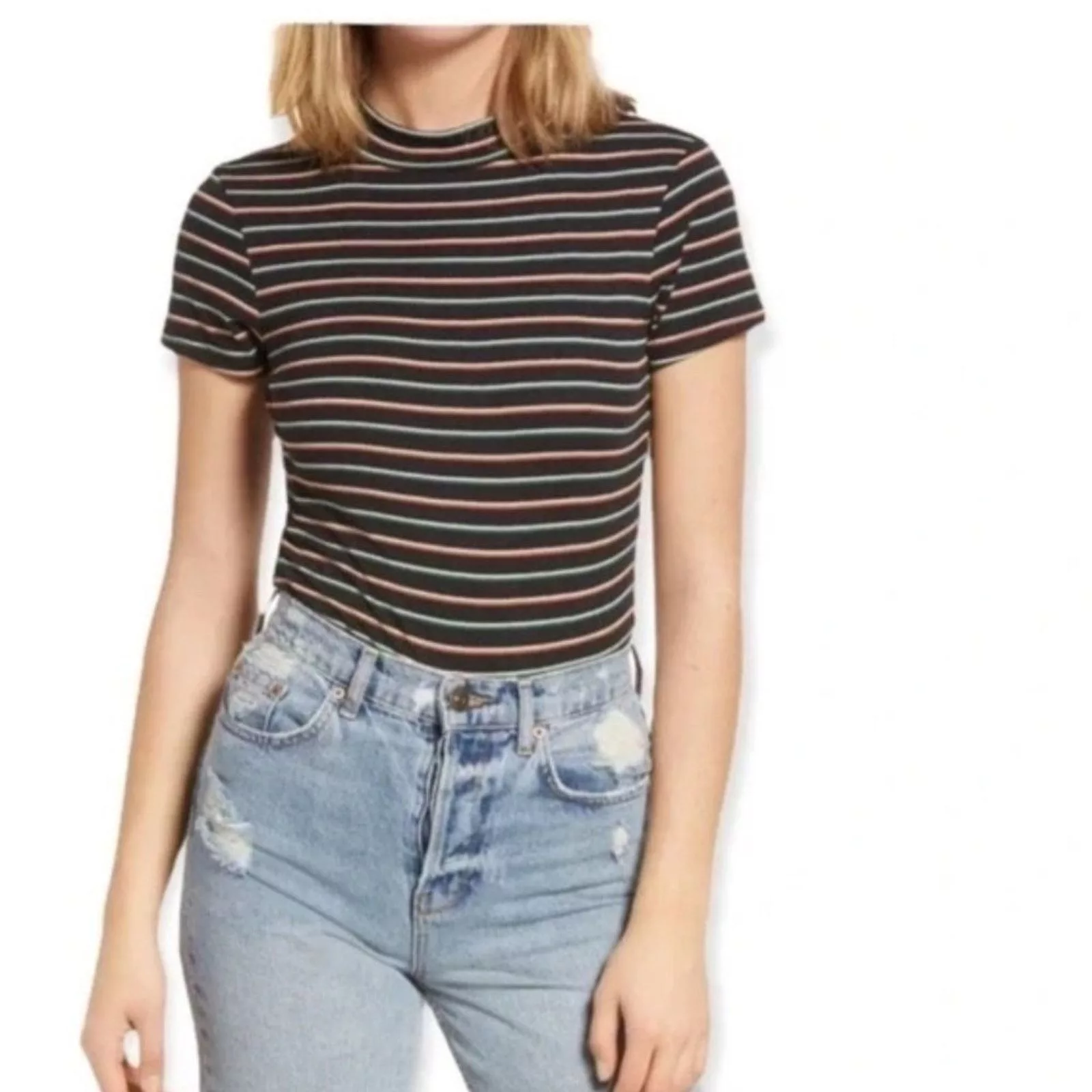 BP. Bodysuits BP. BP Nordstrom Dani Black Multi Stripe Mock Neck Knit Bodysuit