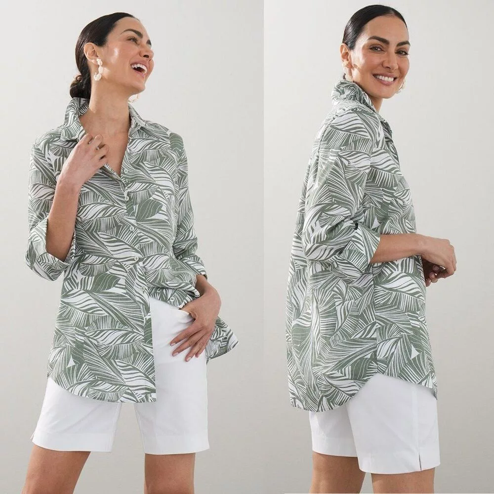 Chicos Blouses Chicos Chico's Linen Fresh Leaves No Iron Shirt Size 0 US S Green