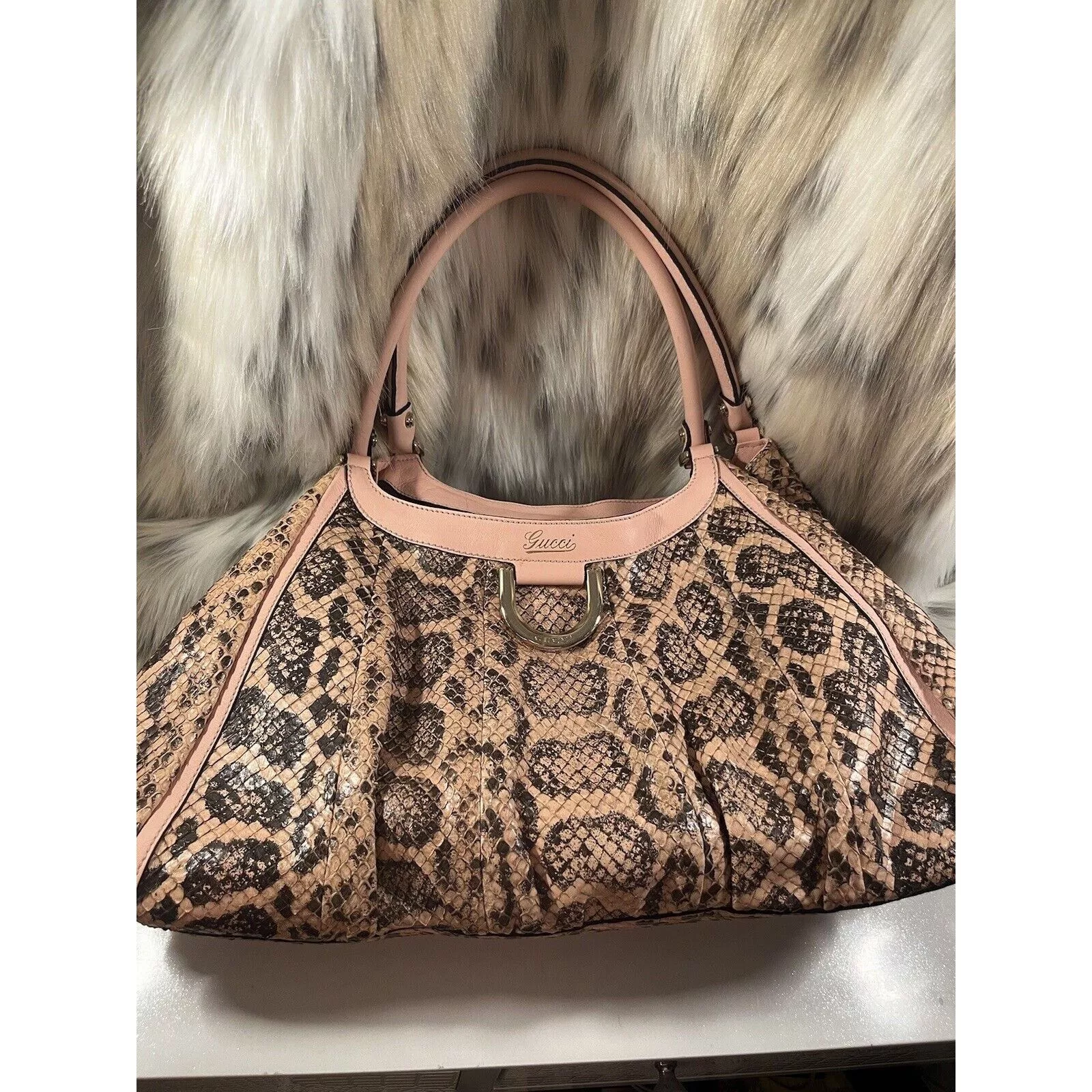 Gucci Shoulder Bags RARE Gucci PYTHON Handbag LARGE, Tan/pink.