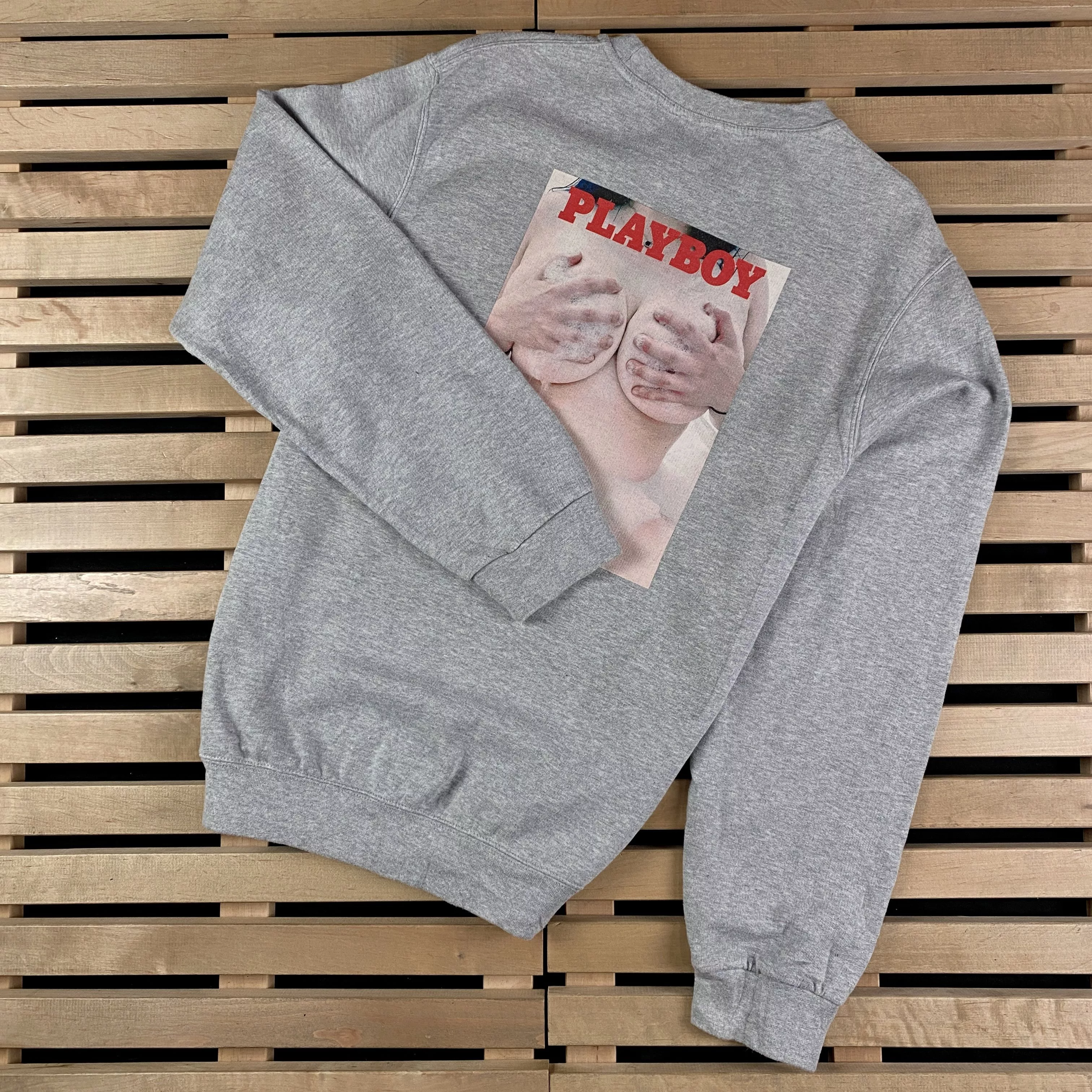 Playboy Sweatshirts Hoodies Mens Sweatshirt Back Big Logo Playboy Size M Gray Streetwear