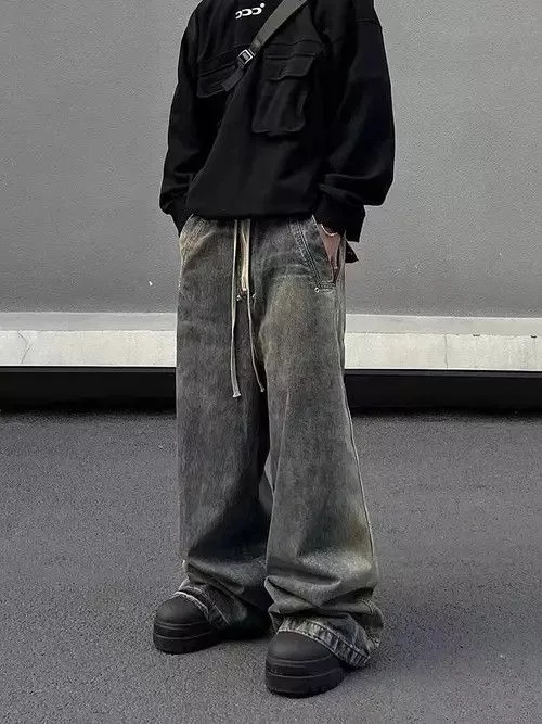 Japanese Brand Denim Japanese Brand × Jean Retro wash gradient drawstring work wide leg jeans Blue Streetwear