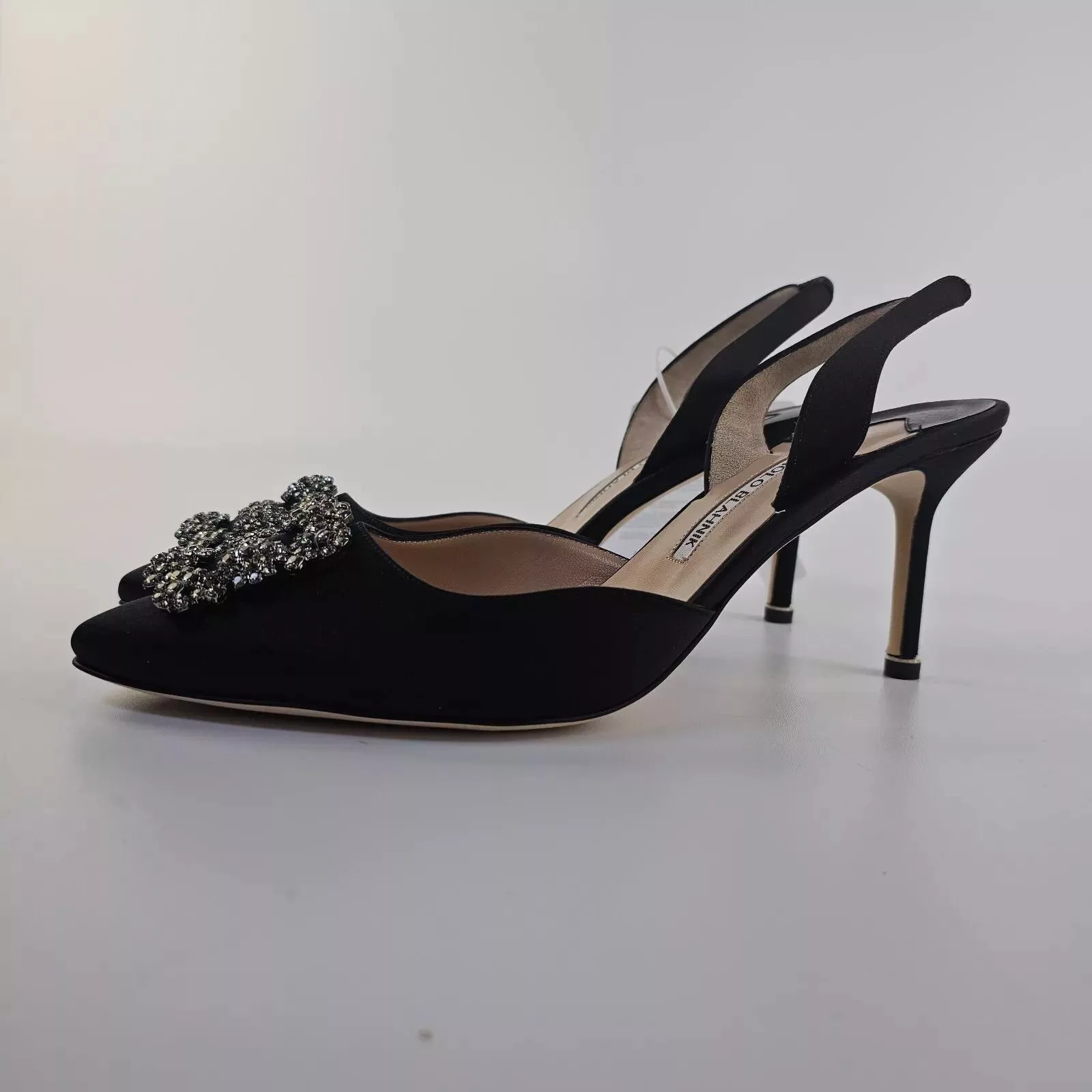Manolo Blahnik Heels Manolo Blahnik Hangisli Black Satin 70mm Slingback Pumps New
