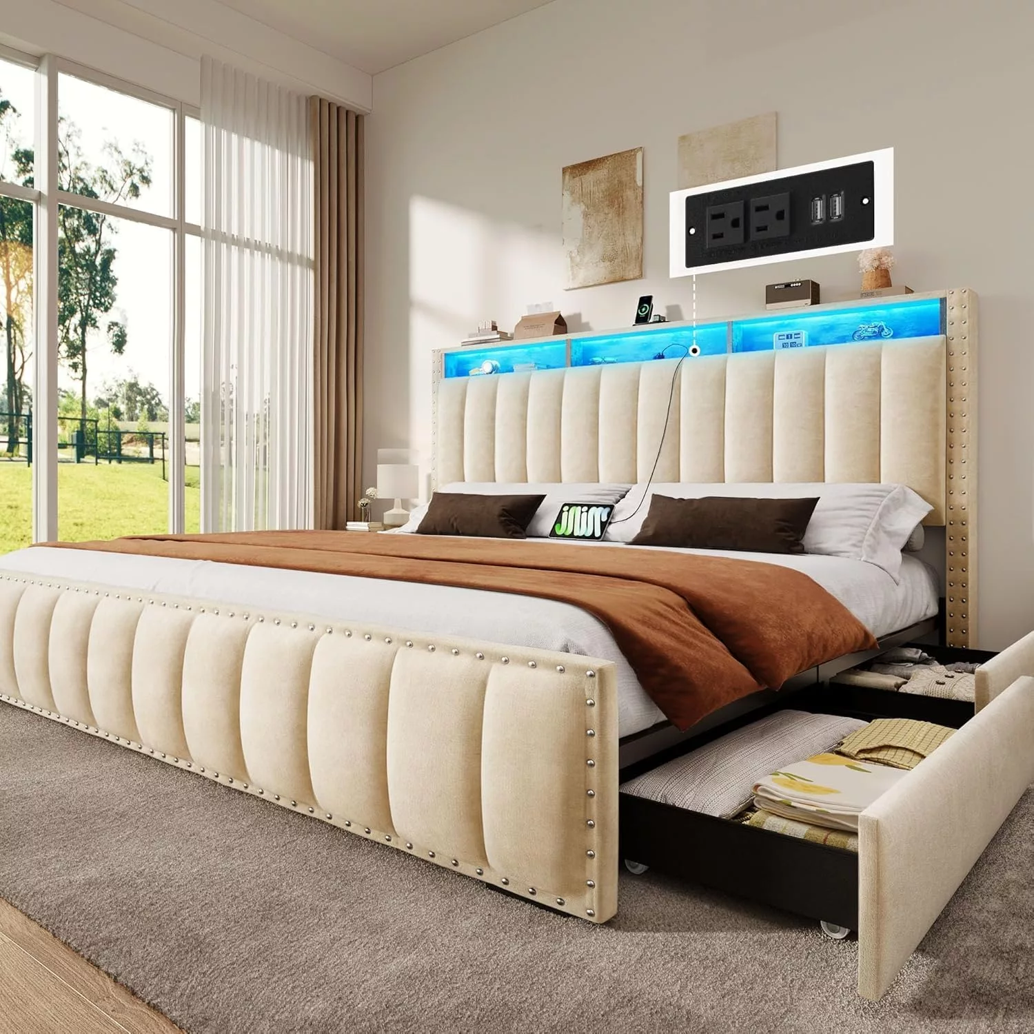 YITAHOME King Bed Frame with 4 Storage Drawers RGB Lights Upholstered Platform Bed Beige