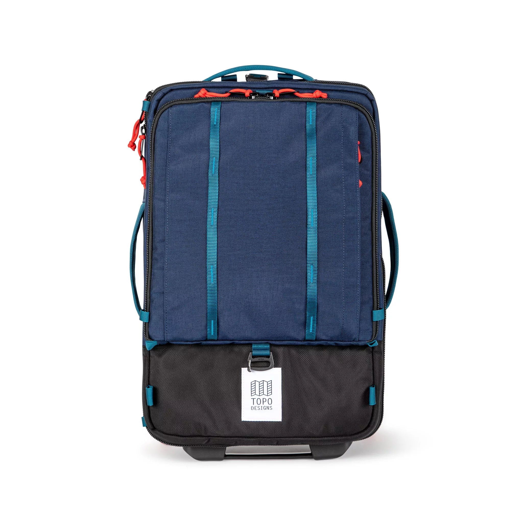 Topo Designs Global Travel Bag Roller durable carry-on convertible laptop backpack rolling suitcase in Navy blue.